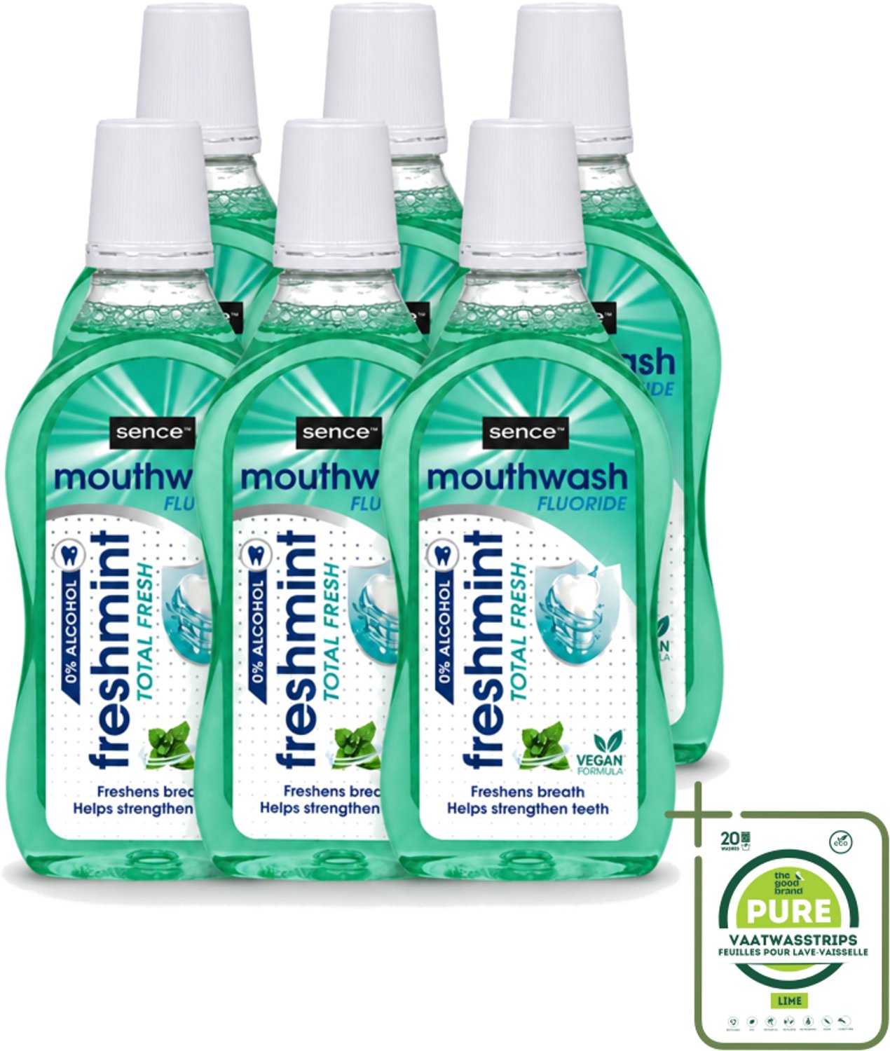 6 x Sence - Fresh Freshmint - Mondwater - Fris & Muntig - 500 ml - Grootverpakking - Vaatwasstrips - Mondwater - Mondverzorging - Frisse Adem - Tandplak - Mondgezondheid