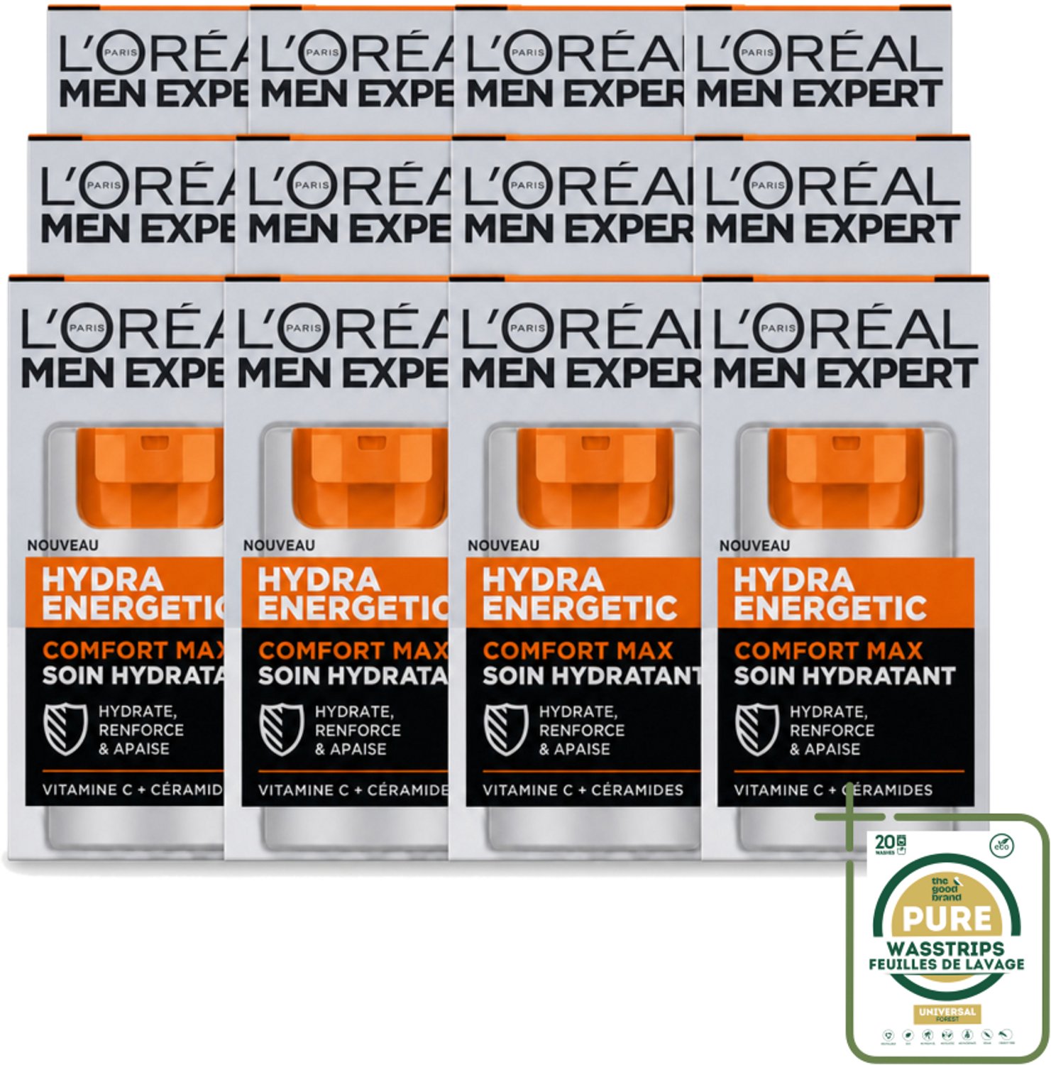 12 x L'Oréal Paris Men Expert Hydra Energetic Comfort Max - Dagcrème - Hydraterend voor Droge Huid - 50 ml - Wasstrips - Dagcrème Voor Mannen - Droge Huid - Hydratatie - Vermoeidheid - Huidbescherming