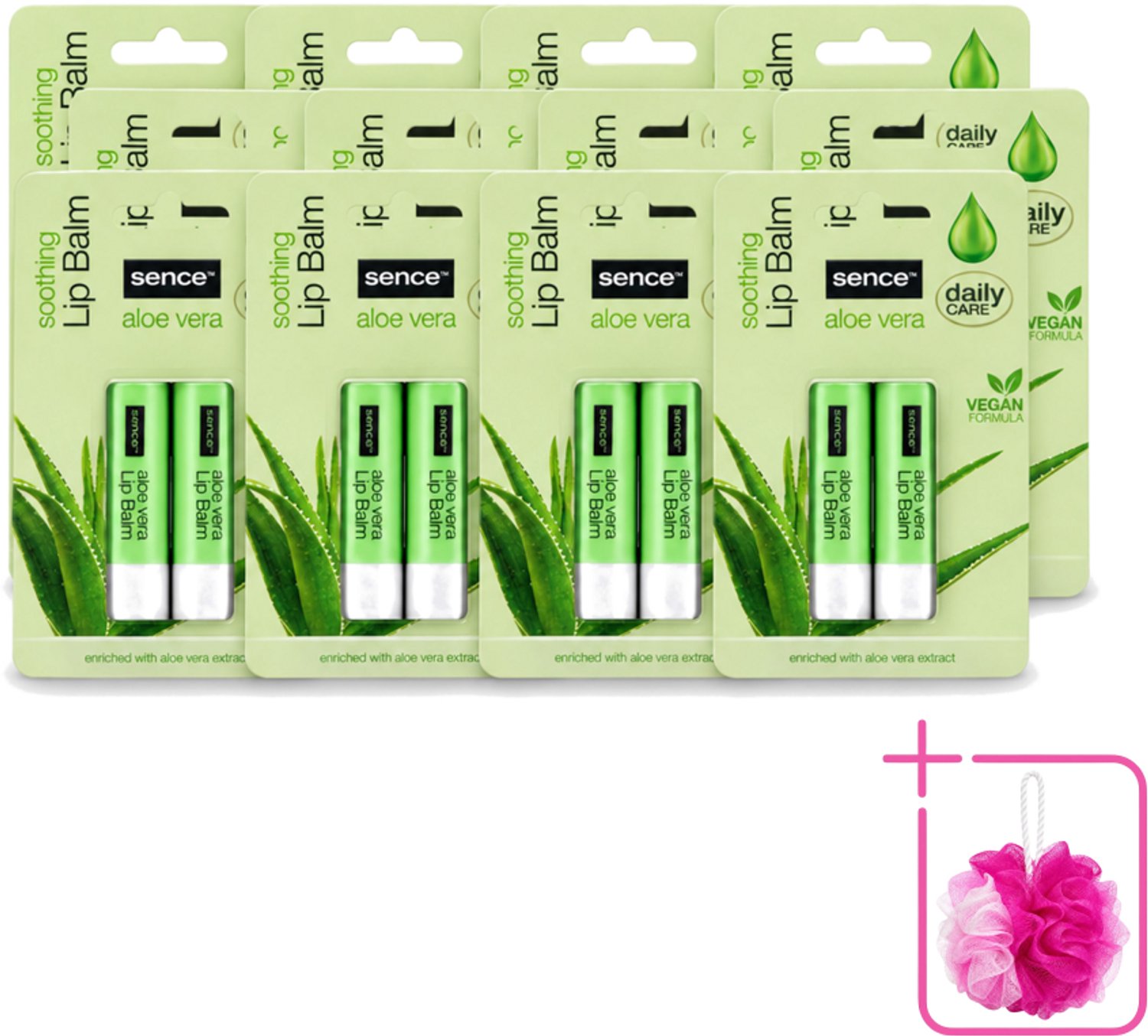 12 x Sence – Lippenbalsem – Aloë Vera – Verzorgend - Bulkverpakking - Lippenbalsem aloë vera - Douchemop - Droge lippen verzorgen