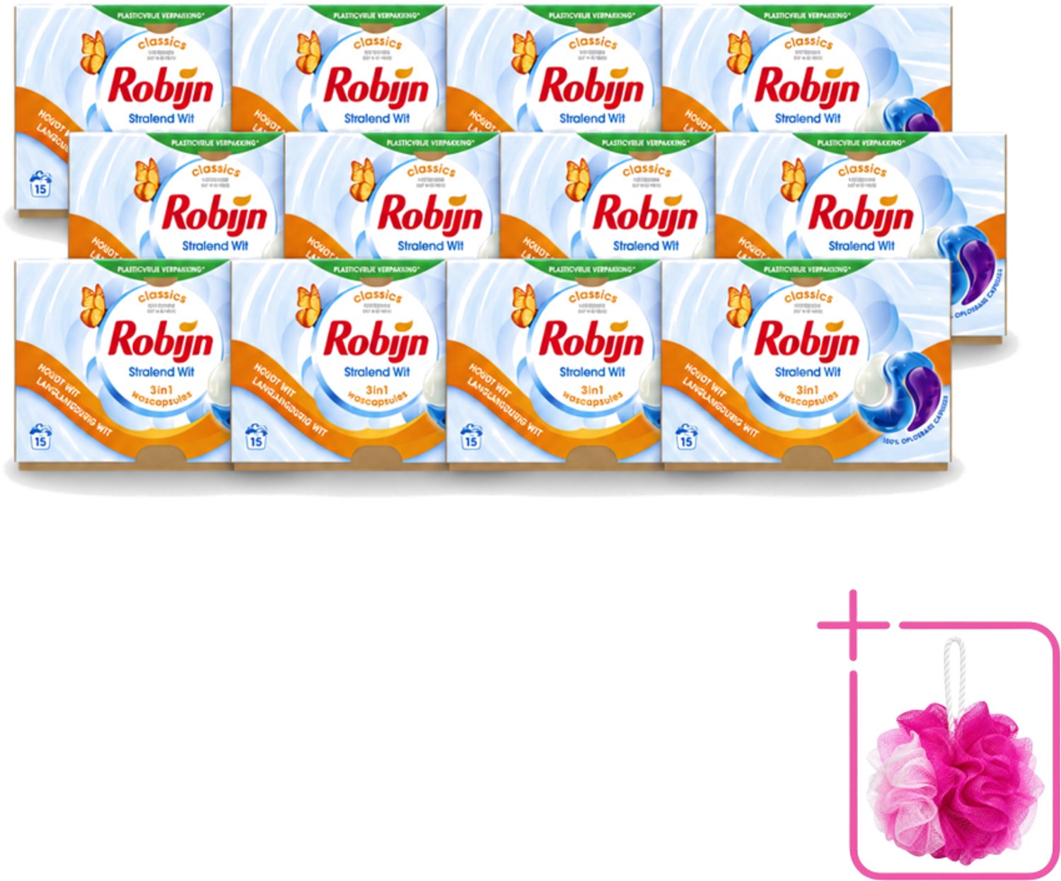 12 x Robijn – 3-in-1 Wascapsules – Stralend Wit – 15 capsules - Bulkverpakking - Wit was - Douchemop - Stralend Wit