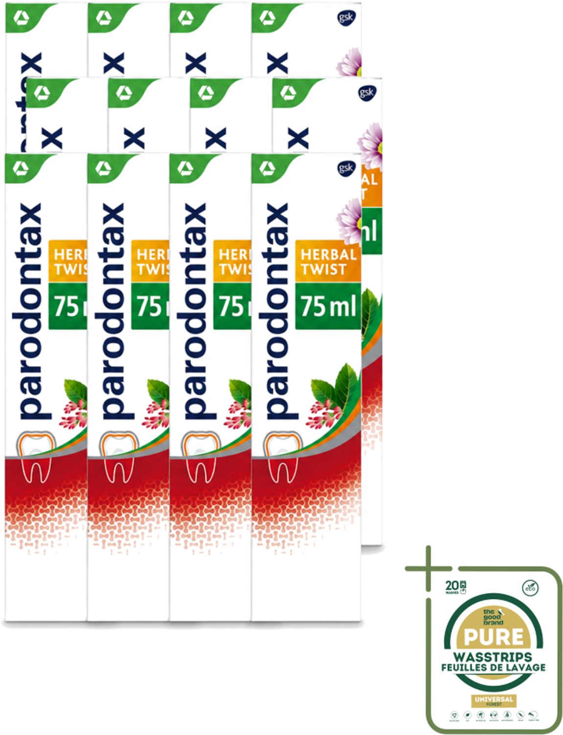 12 x Parodontax - Tandpasta - Herbal Twist - Ginger & Mint - 75ml - Wasstrips - Bloedend Tandvlees - Tandplak - Gember - Munt - Tandvleesbescherming