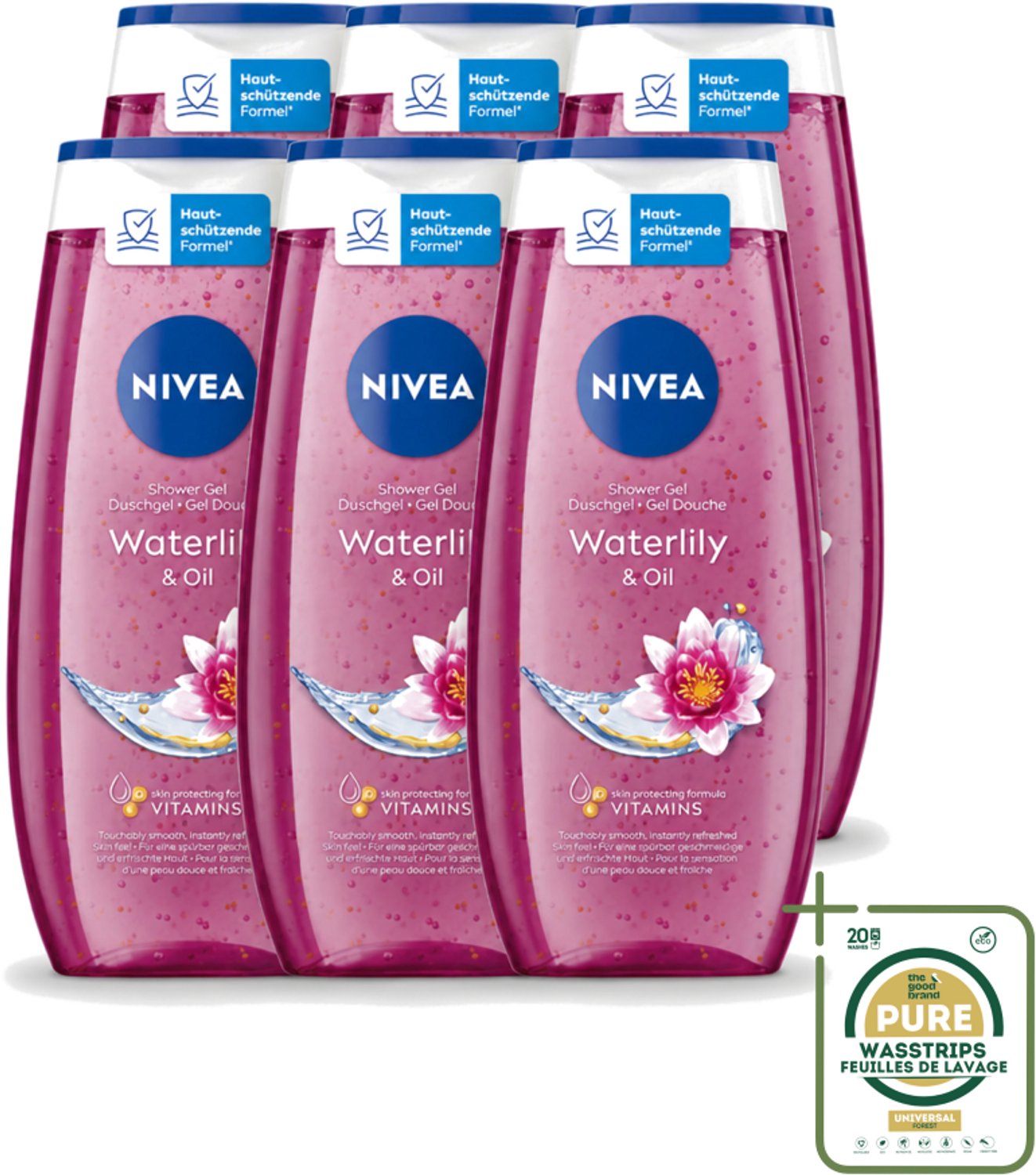 6 x Nivea – Douchegel – Waterlily & Oil – 250 ml - Wasstrips - Douchegel - Waterlelie - Huidverzorging - Mild Reinigen - Huidcomfort