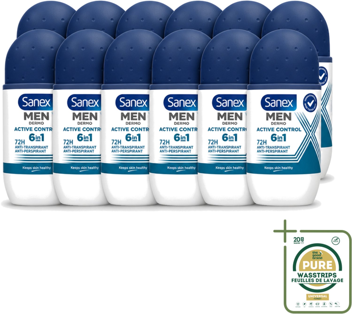 12 x Sanex Men – Deo Roll-on – Active Control – 53 ml - Wasstrips - Mannelijke Deodorant - Zweetbescherming - Okselbescherming - Huidcomfort - Anti-irritatie