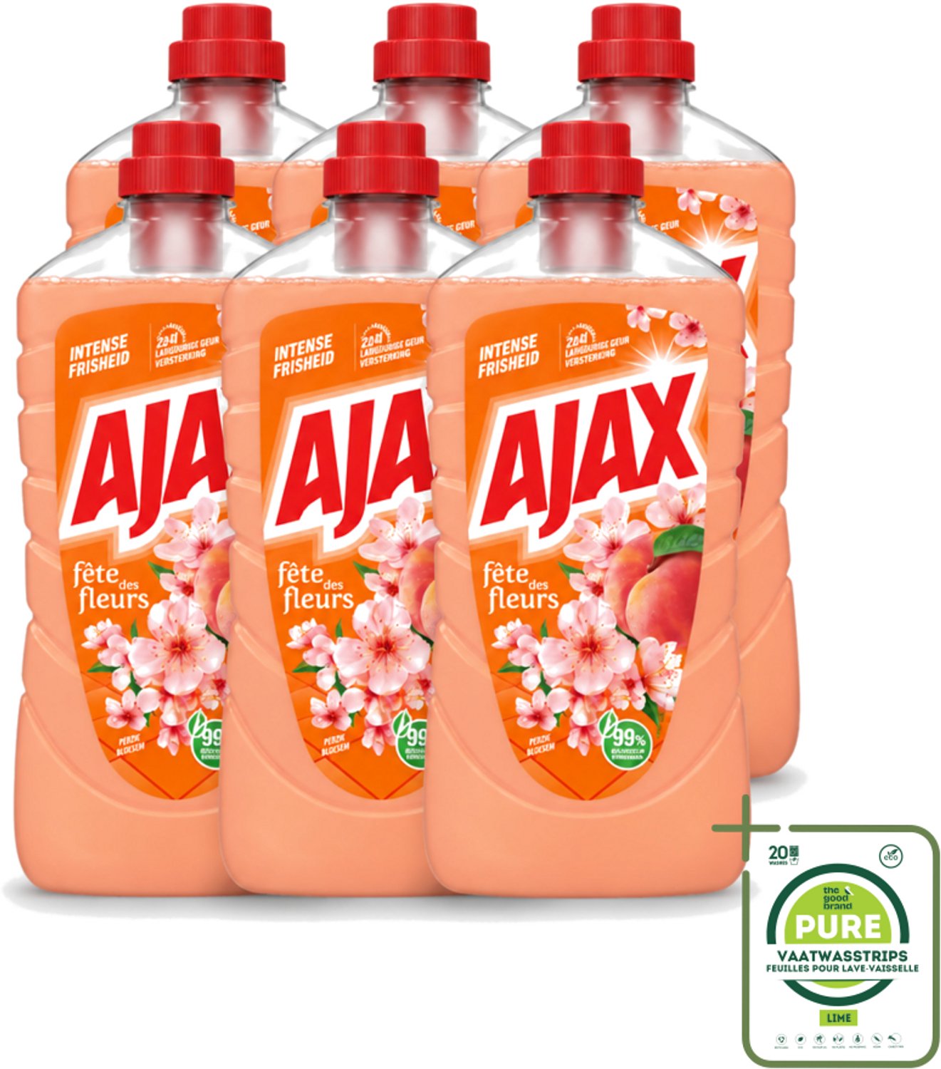 6 x Ajax – Allesreiniger – Perzik – 1000 ml - Grootverpakking - Vaatwasstrips - Allesreiniger - Reinigen - Perzikgeur - Huishoudelijke Reiniger - Reinigingsmiddel
