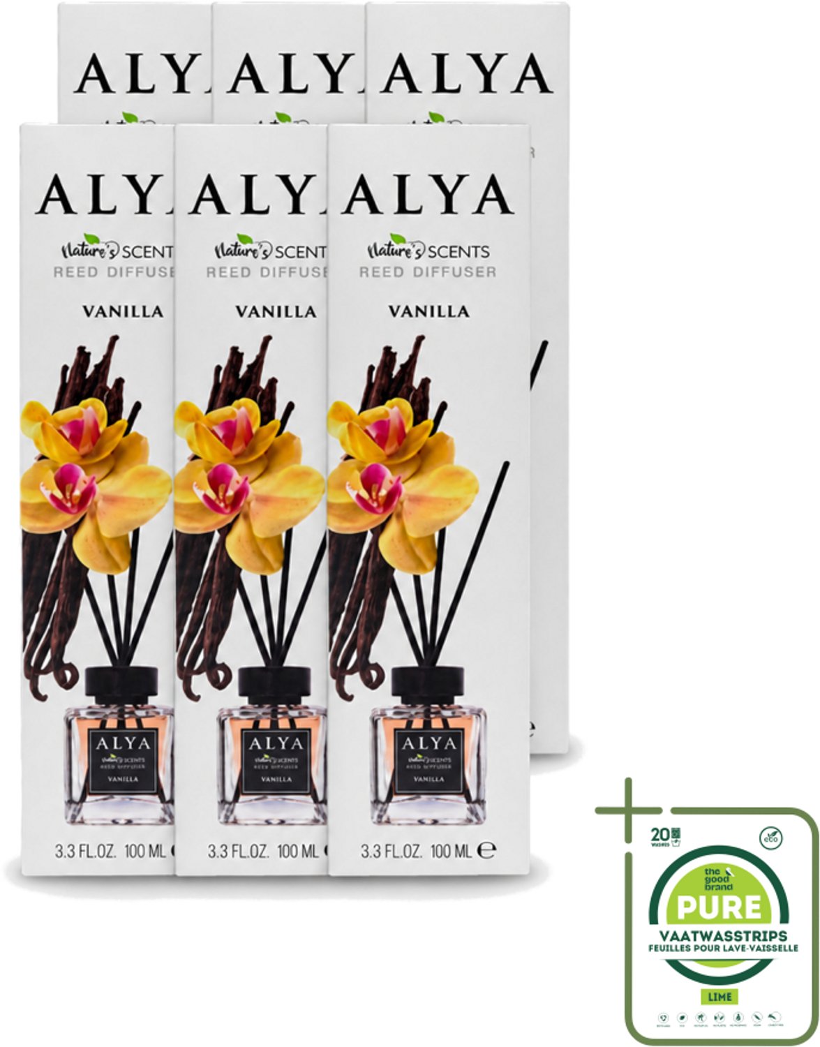 6 x Alya – Reed Diffuser – Vanilla – Interieurparfum - Grootverpakking - Vaatwasstrips - Geurstokjes - Vanille - Warme Geur - Huisgeur - Geur In Huis
