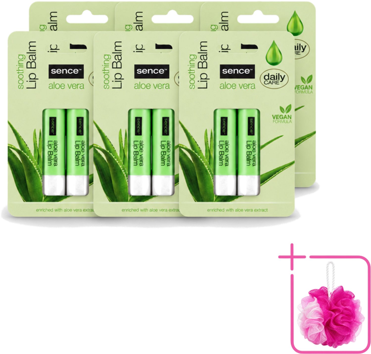 6 x Sence – Lippenbalsem – Aloë Vera – Verzorgend - Bulkverpakking - Lippenbalsem aloë vera - Douchemop - Droge lippen verzorgen