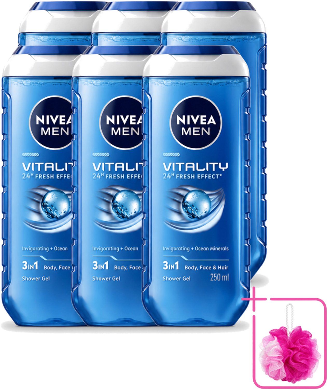 6 x Nivea Men – Douchegel – Vitality 3-in-1 – 250 ml - Bulkverpakking - Douchegel voor mannen - Douchemop - Frisheid
