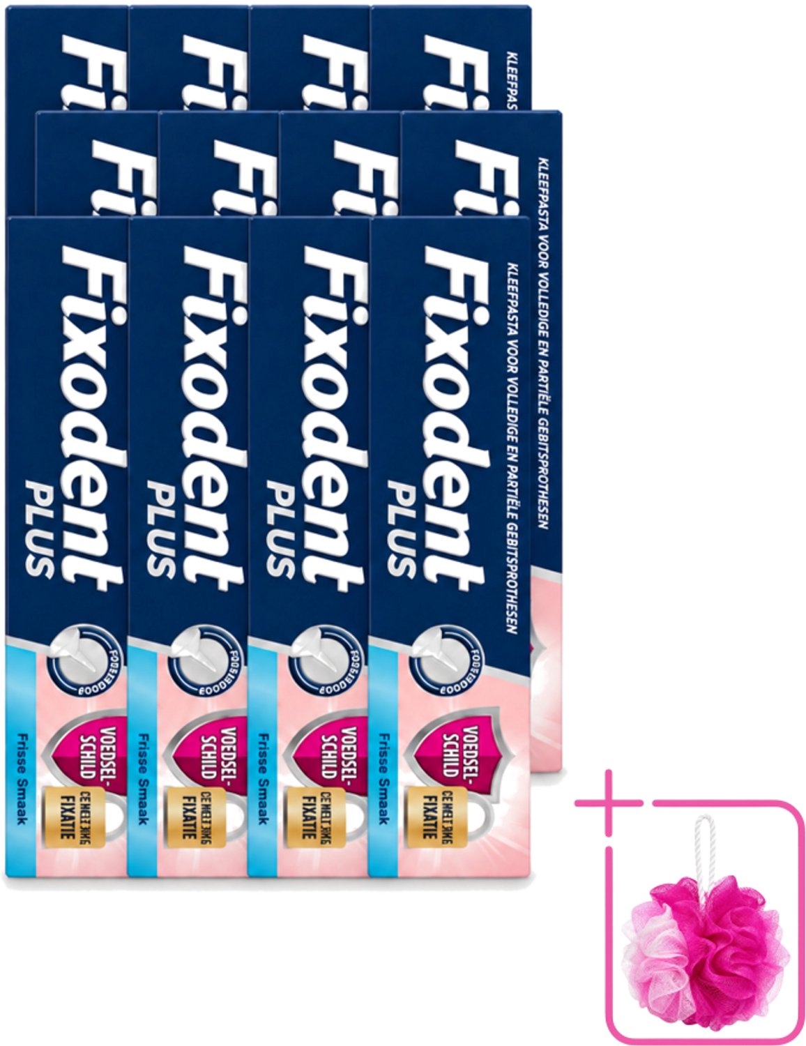 12 x Fixodent Plus – Kleefcrème – Food Barrier – Frisse Smaak – 40 g - Bulkverpakking - Kleefpasta kunstgebit - Douchemop - Voedselbarrière kunstgebit
