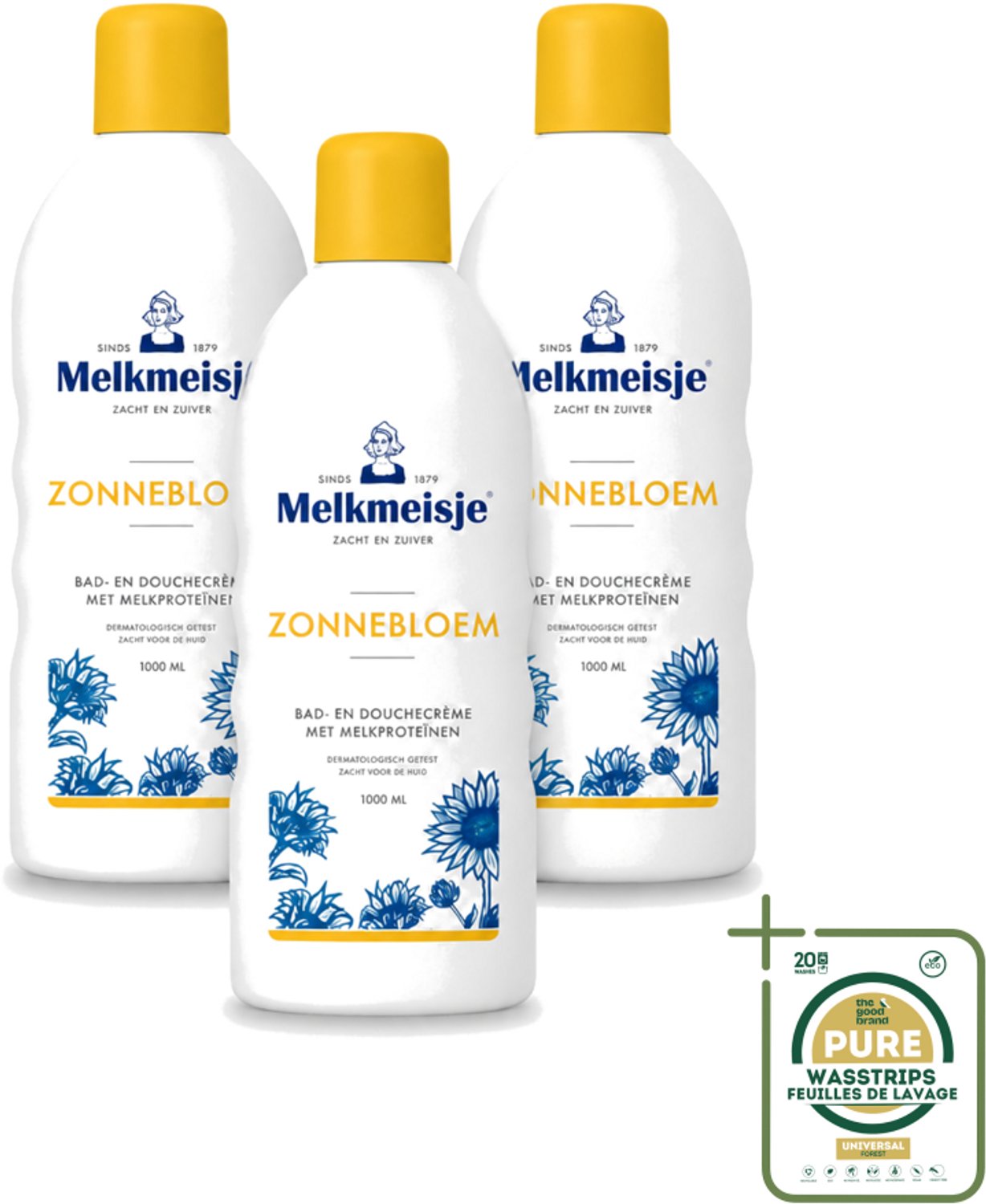 3 x Melkmeisje - Bad & Douche Zonnebloem - Romig Parfum - 1000 ml - Wasstrips - Douchecrème - Melkproteïnen - Zonnebloemextract - Huidverzorging - Fris Parfum