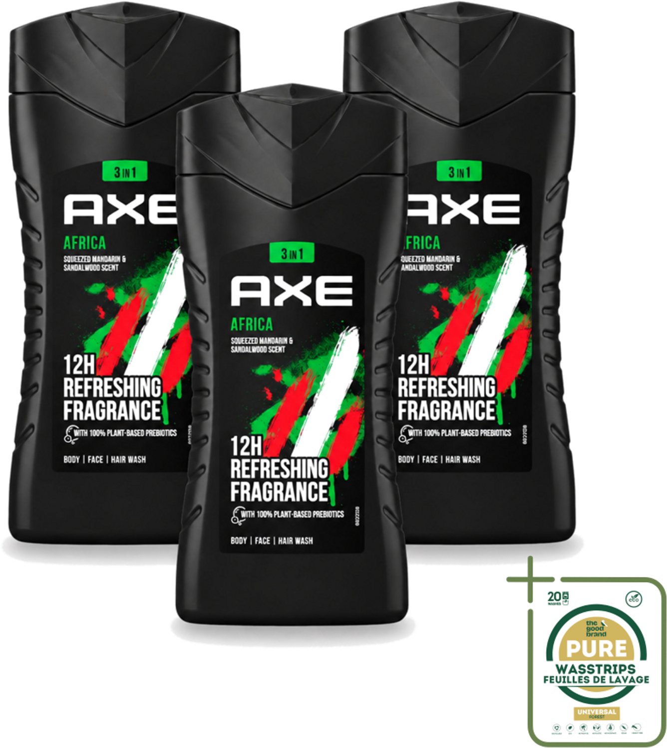 3 x Axe - 3-in-1 Douchegel - Africa - Squeezed Mandarin & Sandalwood - 100% Plantaardig - 250 ml - Wasstrips - Axe Africa Douchegel - Douchegel - 3-in-1 Douchegel - 100% Plantaardig - Mandarin En Sandalwood