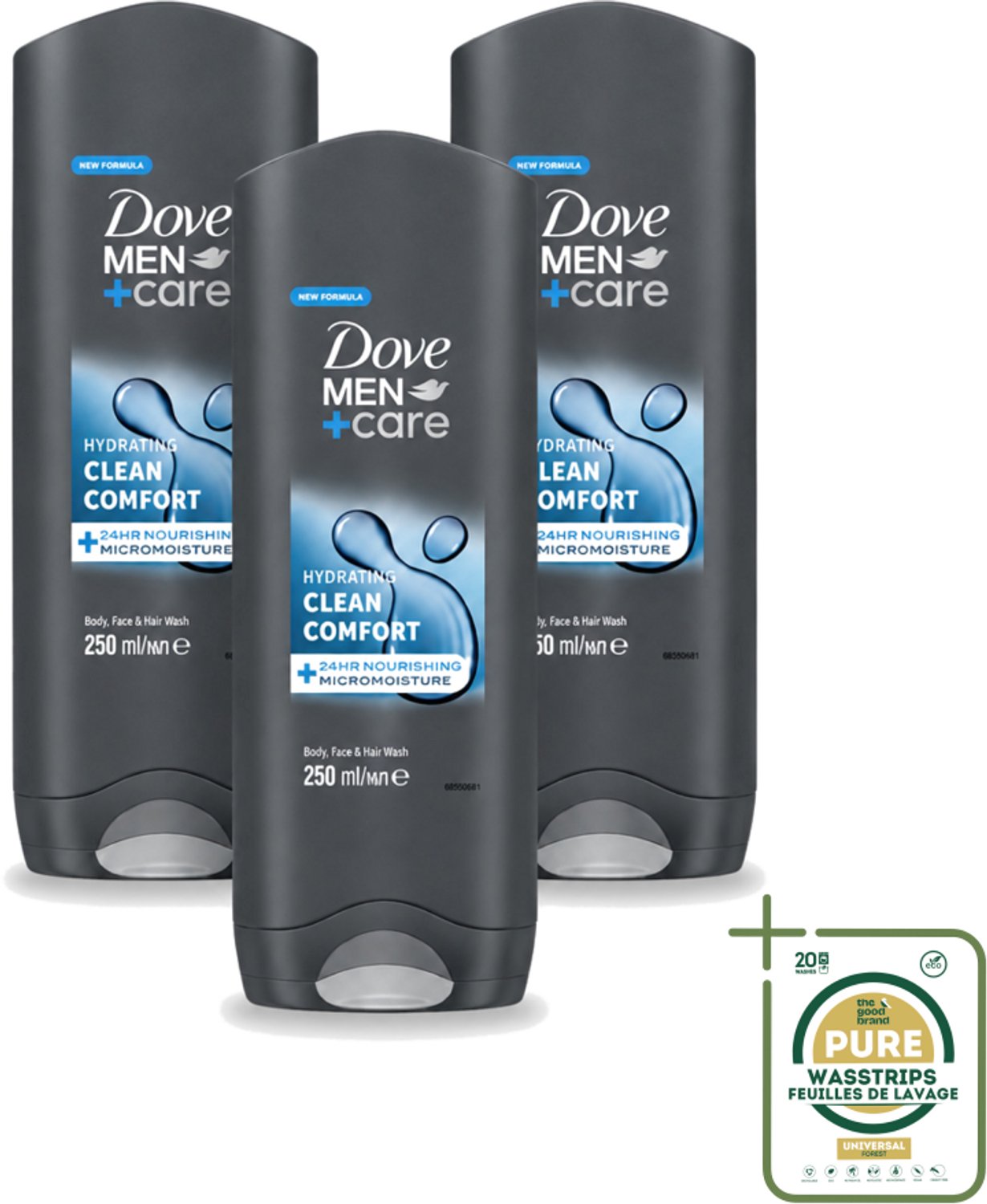 3 x Dove - Douchegel - Men+ Care Clean Comfort - Comfort en verzorging - 250 ml - Wasstrips - Douchegel - Fris - Energie - Reiniging - Hydraterend