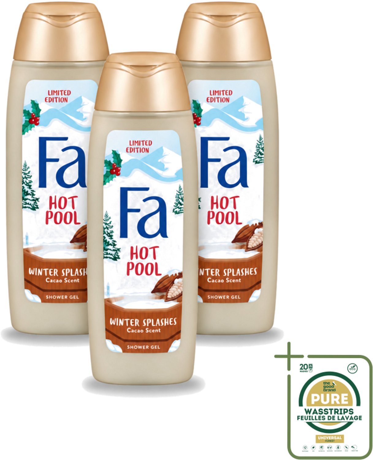 3 x Fa - Douchegel - Winter Splashes Hot Pool Cacao - Warm & Verwarmend - Verzachtend - 250 ml - Wasstrips - Douchegel - Winter - Verwarmend - Cacao - Verzachtend