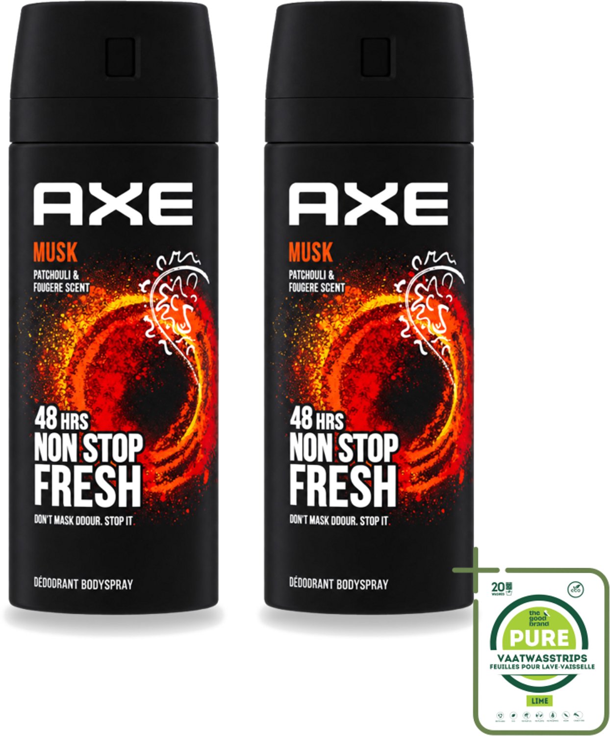 2 x Axe - Deodorant Bodyspray - 48hrs Non Stop Fresh - Musk - Patchouli & Fougere - 150 ml - Grootverpakking - Vaatwasstrips - Axe Musk Deodorant - Deospray Musk - Musk Geur - Deodorant Bodyspray - Geur Bescherming