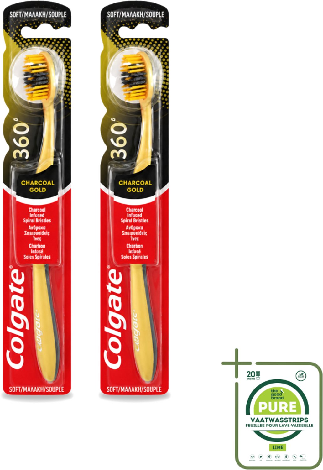 2 x Colgate - Tandenborstel - 360 Charcoal Gold Soft - Zwart/Goud - 1 Tandenborstel - Grootverpakking - Tandenborstel - Houtskool - Tanden Reinigen - Tanden Witter Maken - Tandenborstel Houtskool