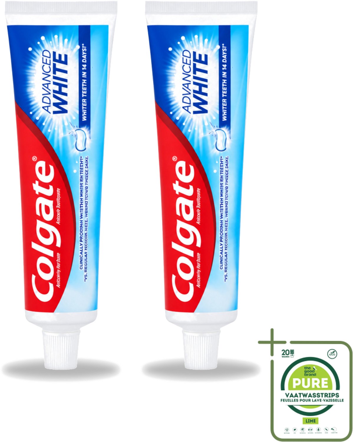 2 x Colgate - Advanced White - Tandpasta - 100ml - Grootverpakking - Vaatwasstrips - Tandpasta - Witte Tanden - Vlekverwijdering - Tandbederf - Gaatjes