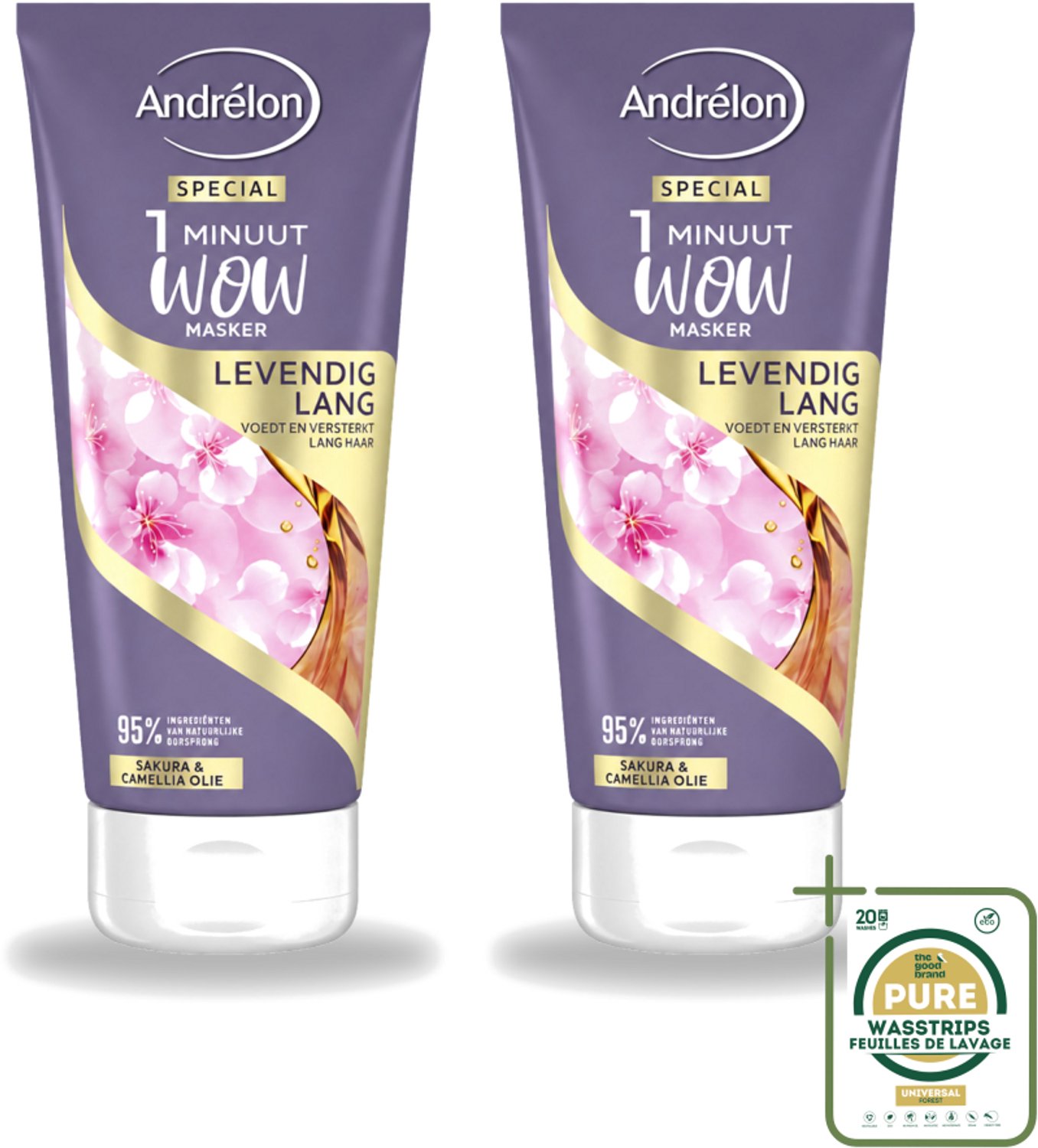 2 x Andrélon - 1 Minuut Wow Haarmasker - Levendig Lang - 180 ml - Wasstrips - 1 Minuut Masker - Haarmasker Lang Haar - Sakura En Camellia-olie - Haarmasker Voor Lang Haar - Haarmasker 1 Minuut