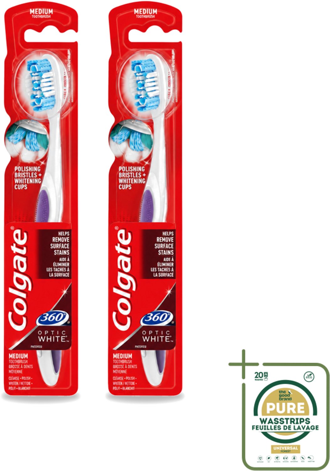 2 x Colgate - Tandenborstel - 360 Optic White Medium- Wit - 1 Tandenborstel - Tandenborstel - Tanden Reinigen - Mondverzorging - Wittere Tanden - 360° Reiniging