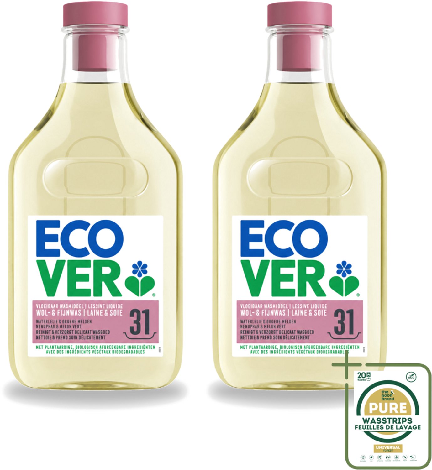 2 x Ecover - Vloeibaar Wasmiddel - Wol & Fijn Was - Waterlelie & Groene Meloen - 31 Wasbeurten - 1.43 L - Wasstrips - Wasmiddel Wol En Fijn Was - Vloeibaar Wasmiddel - Milieuvriendelijk Wasmiddel - Fijn Was - Delicate Stoffen Was