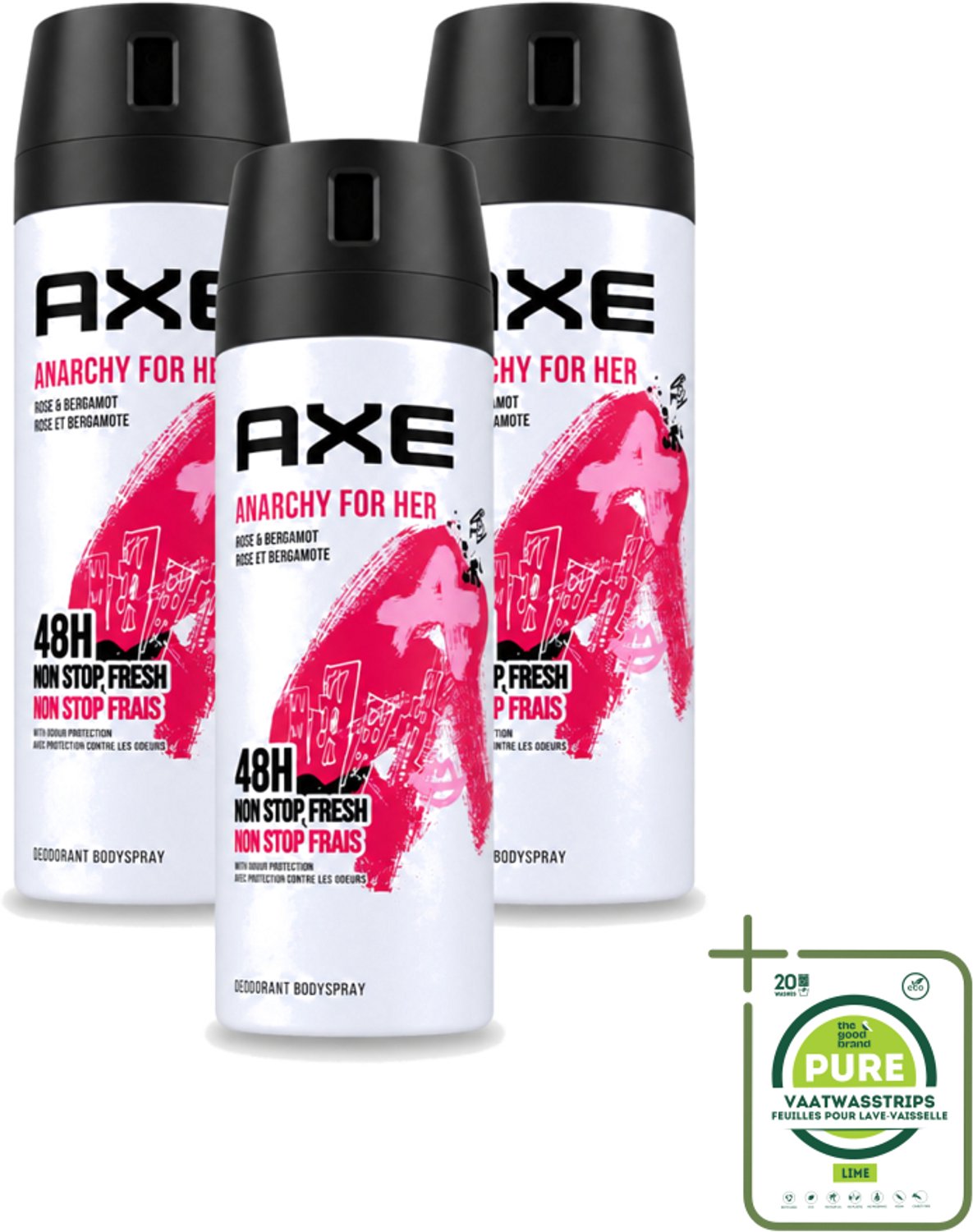 3 x Axe - Deodorant Bodyspray - 48hrs Non Stop Fresh - Anarchy For Her - Rose & Bergamot - 150 ml - Grootverpakking - Deodorant - Geur - Roos - Bergamot - Vrouwelijkheid