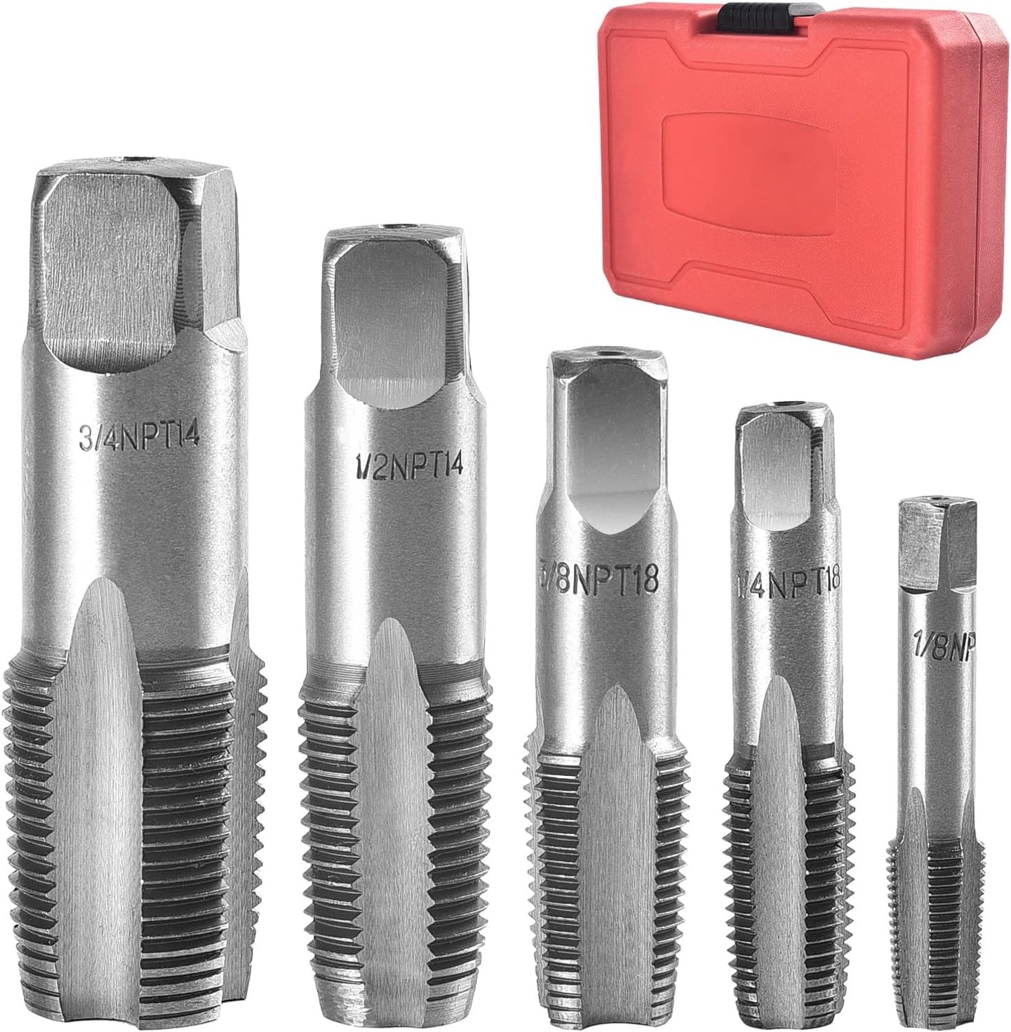 5-delig NPT boorbitset voor pijthread, inclusief 3/4, 1/2, 3/8, 1/4 en 1/8 inch, ideaal voor precisiewerk en metaalbewerking