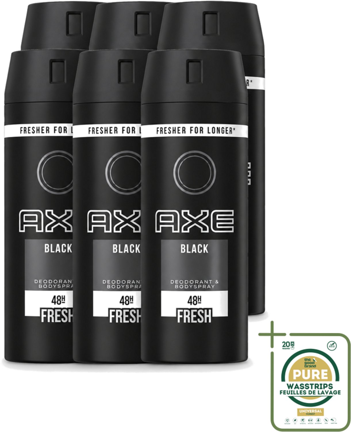 6 x Axe - Deodorant Bodyspray - 48hrs Fresh - Black - 150 ml - Wasstrips - Axe Deodorant - Bodyspray - Anti-transpirant - Zweetgeur - Sandelhout