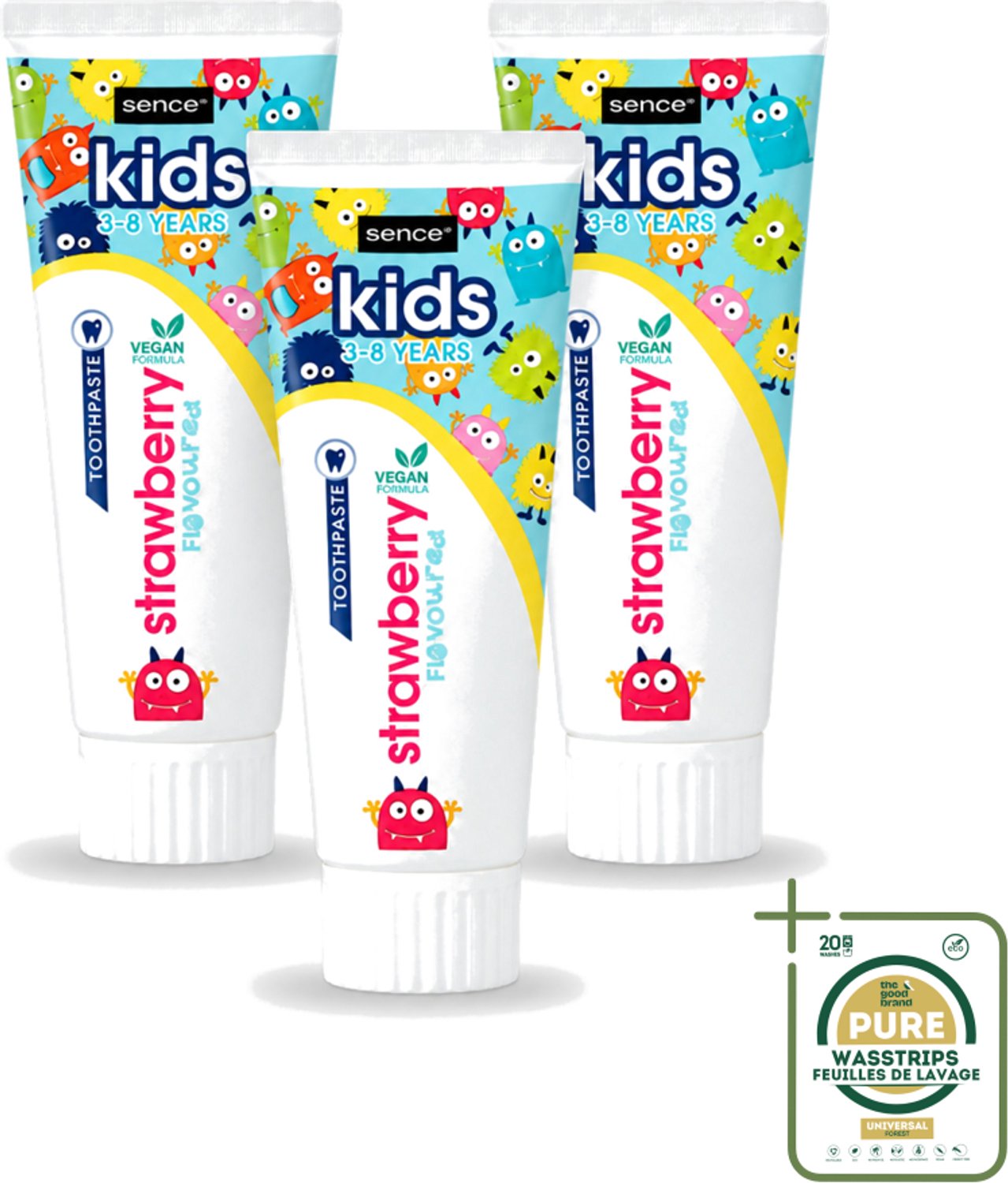 3 x Sence - Kids 3-8 Jaar - Tandpasta - Aardbei Smaak - Vegan - 75 ml - Wasstrips - Tandpasta Voor Kinderen - Kindertandpasta - Aardbei Tandpasta - Vegan Tandpasta - Tandenpoetsen Voor Kinderen