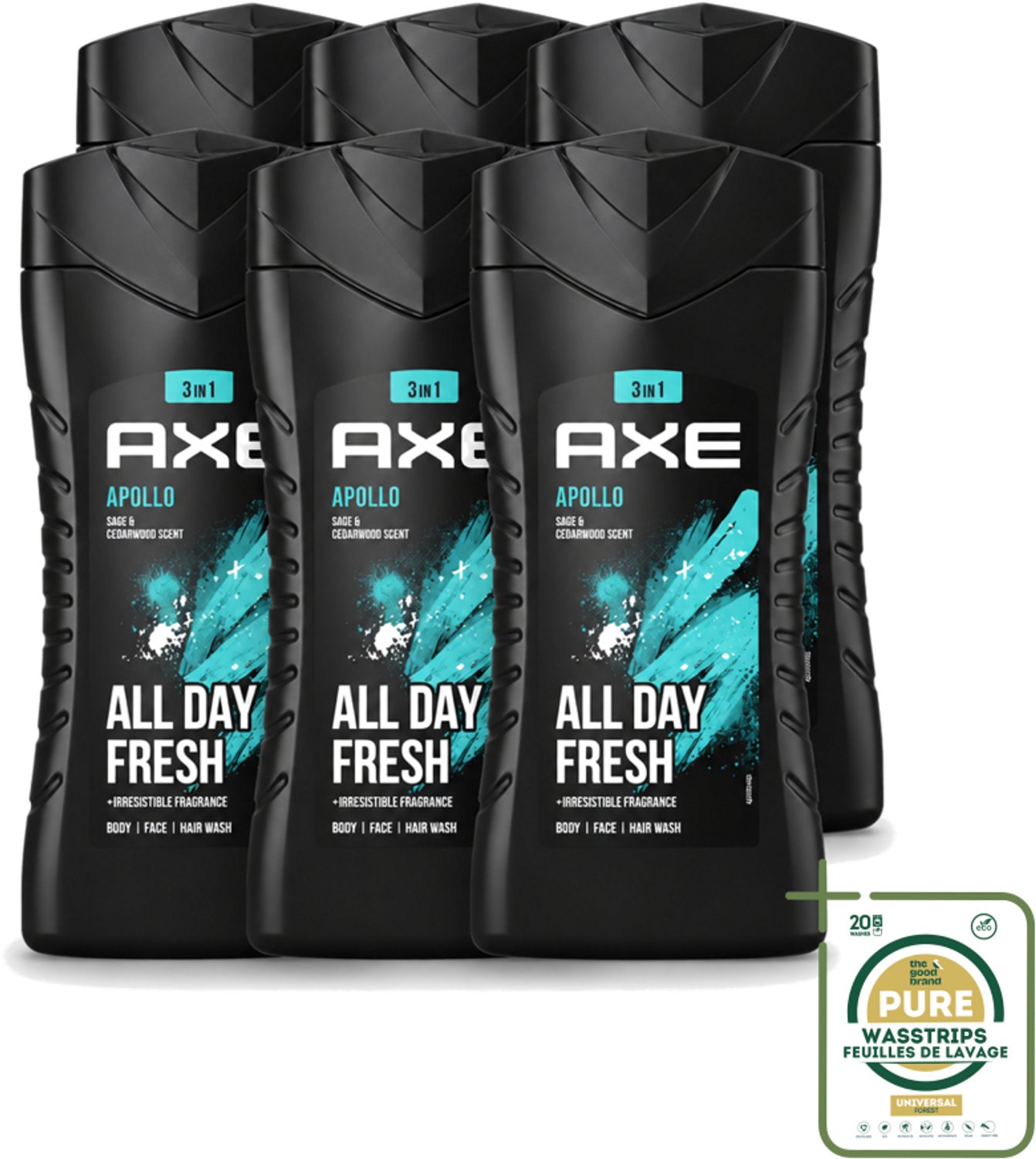 6 x Axe - 3-in-1 Douchegel - Apollo - Sage & Cedarwood - 250 ml - Wasstrips - Douchegel - Mannelijke Geur - 3-in-1 - Lichaam En Gezicht - Gezicht En Haar