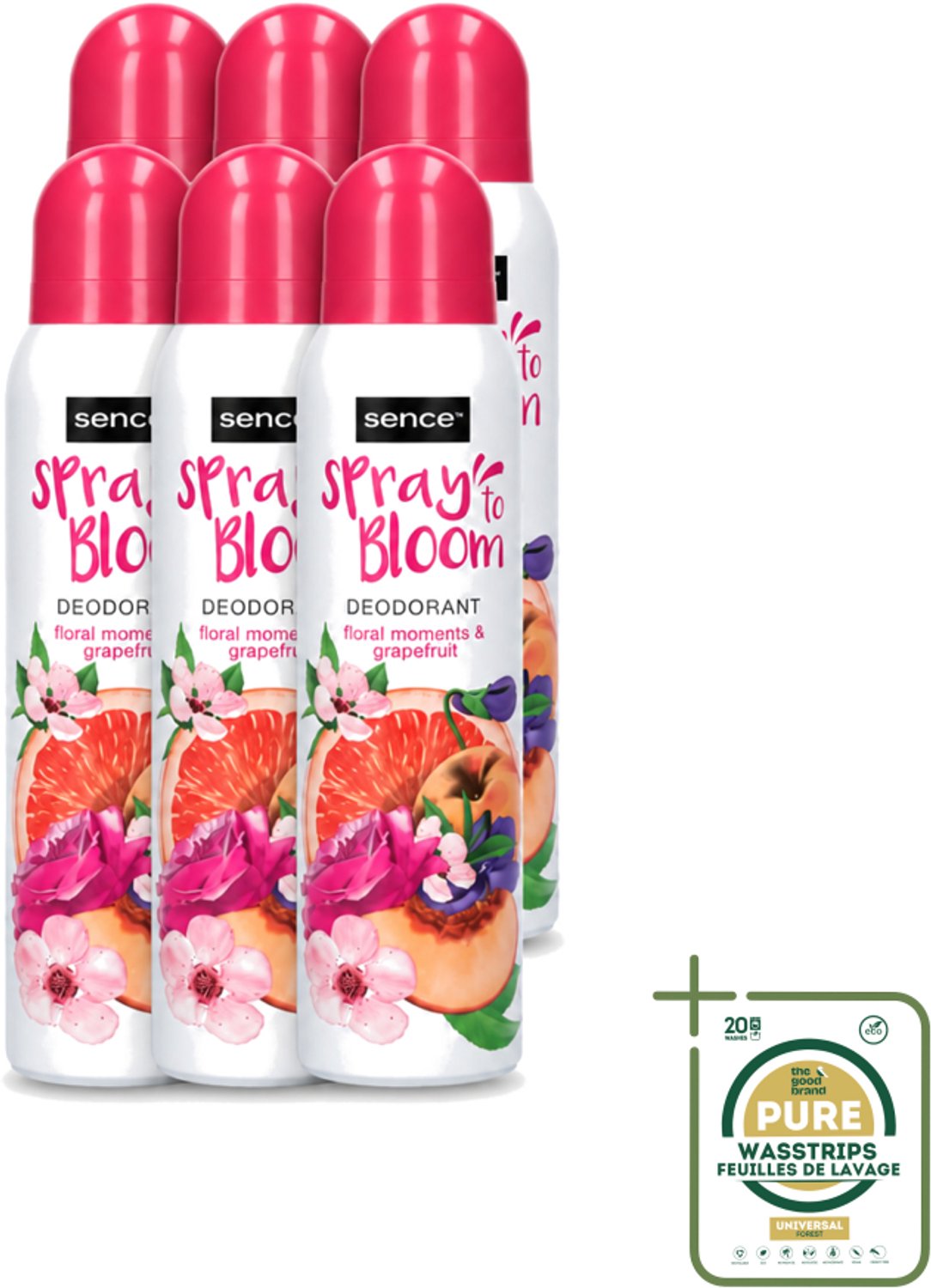 6 x Sence - Floral & Grapefruit - Deodorant - Fris & Fruitig - 150 ml - Wasstrips - Frisheid - Fruitige Geur - Bloemige Geur - Grapefruit - Deodorant