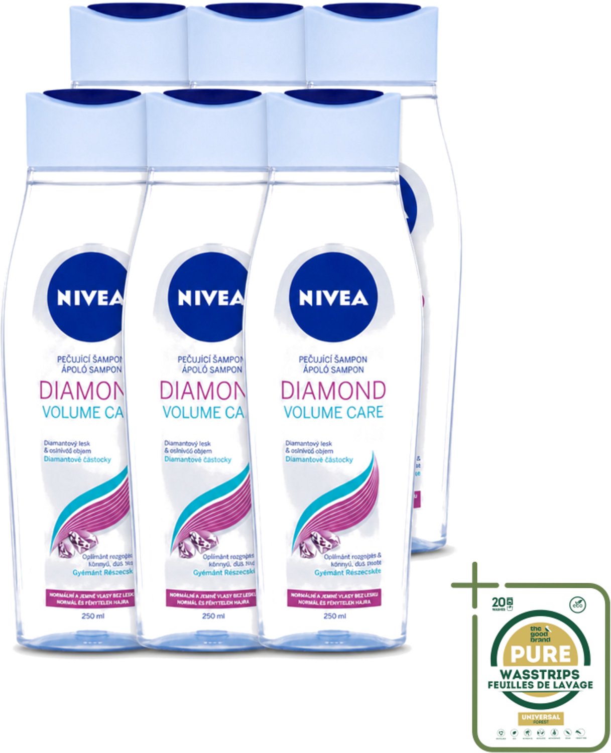 6 x Nivea - Diamond Volume Care Shampoo - 250 ml - Wasstrips - Volume - Glans - Diamantpoeder - Haar Verzorging - Haar Reinigen