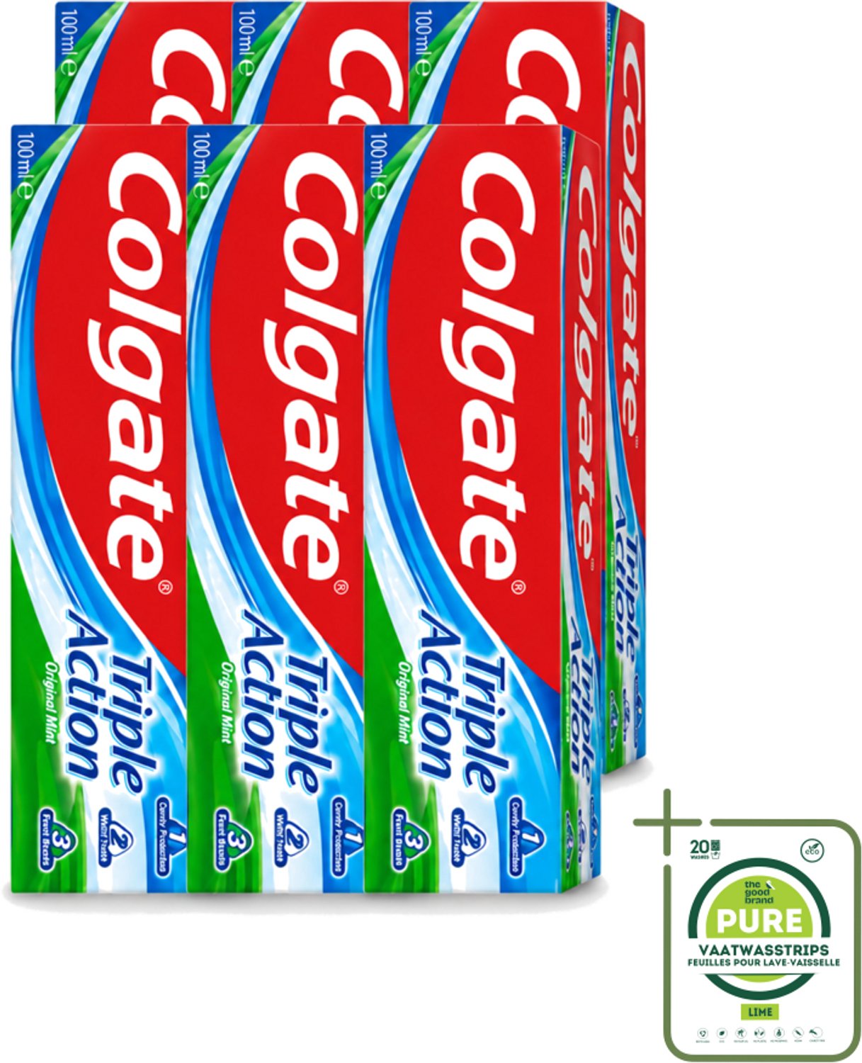 6 x Colgate - Triple Action - Original Mint - Tandpasta - 100ml - Grootverpakking - Vaatwasstrips - Tandpasta - Gaatjesbescherming - Wittere Tanden - Frisse Adem - Mondverzorging