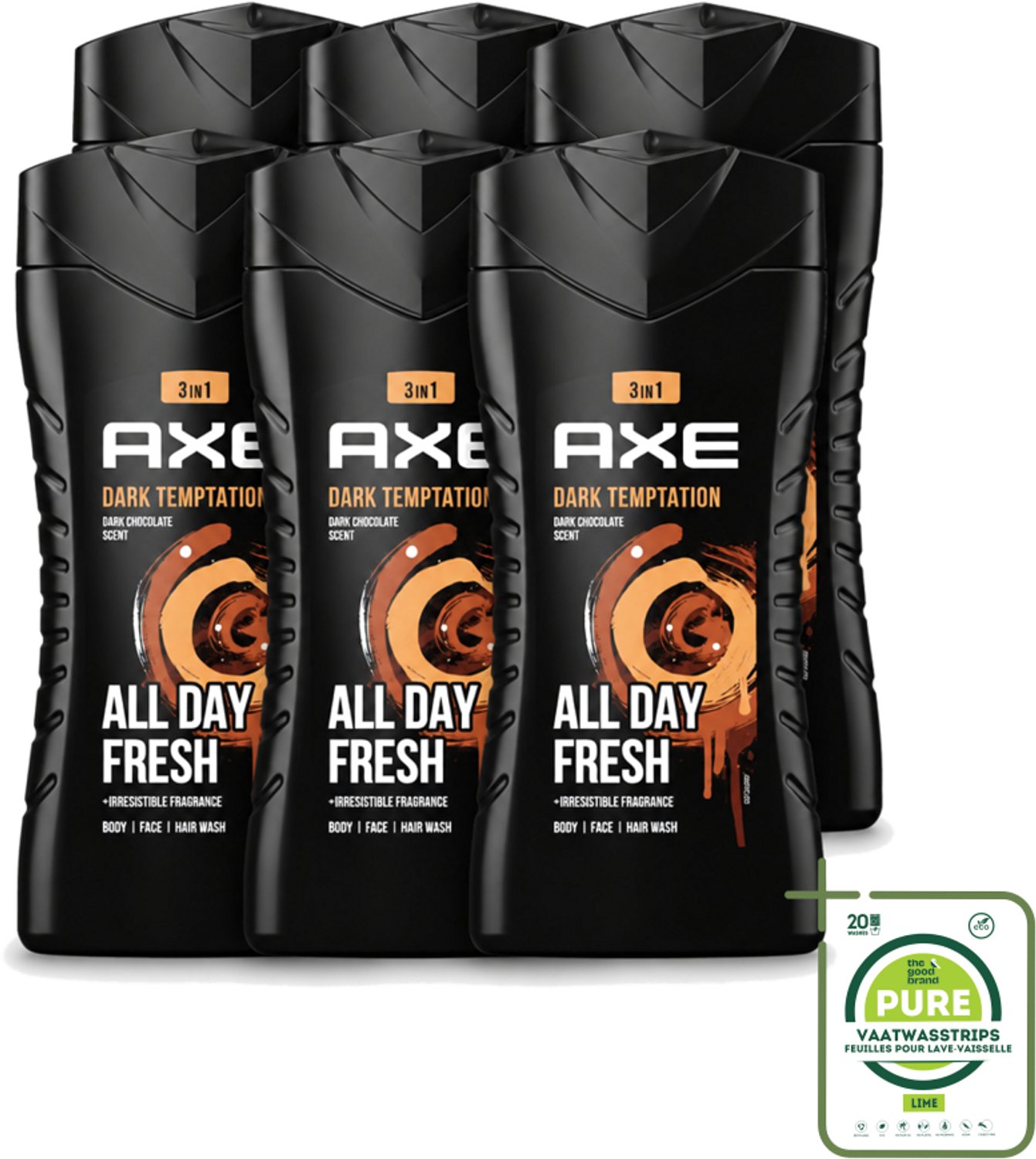 6 x Axe - 3-in-1 Douchegel - Dark Temptation - Dark Chocolate - 250 ml - Grootverpakking - Vaatwasstrips - Douchegel - Chocolade - 3-in-1 - Lichaam - Gezicht