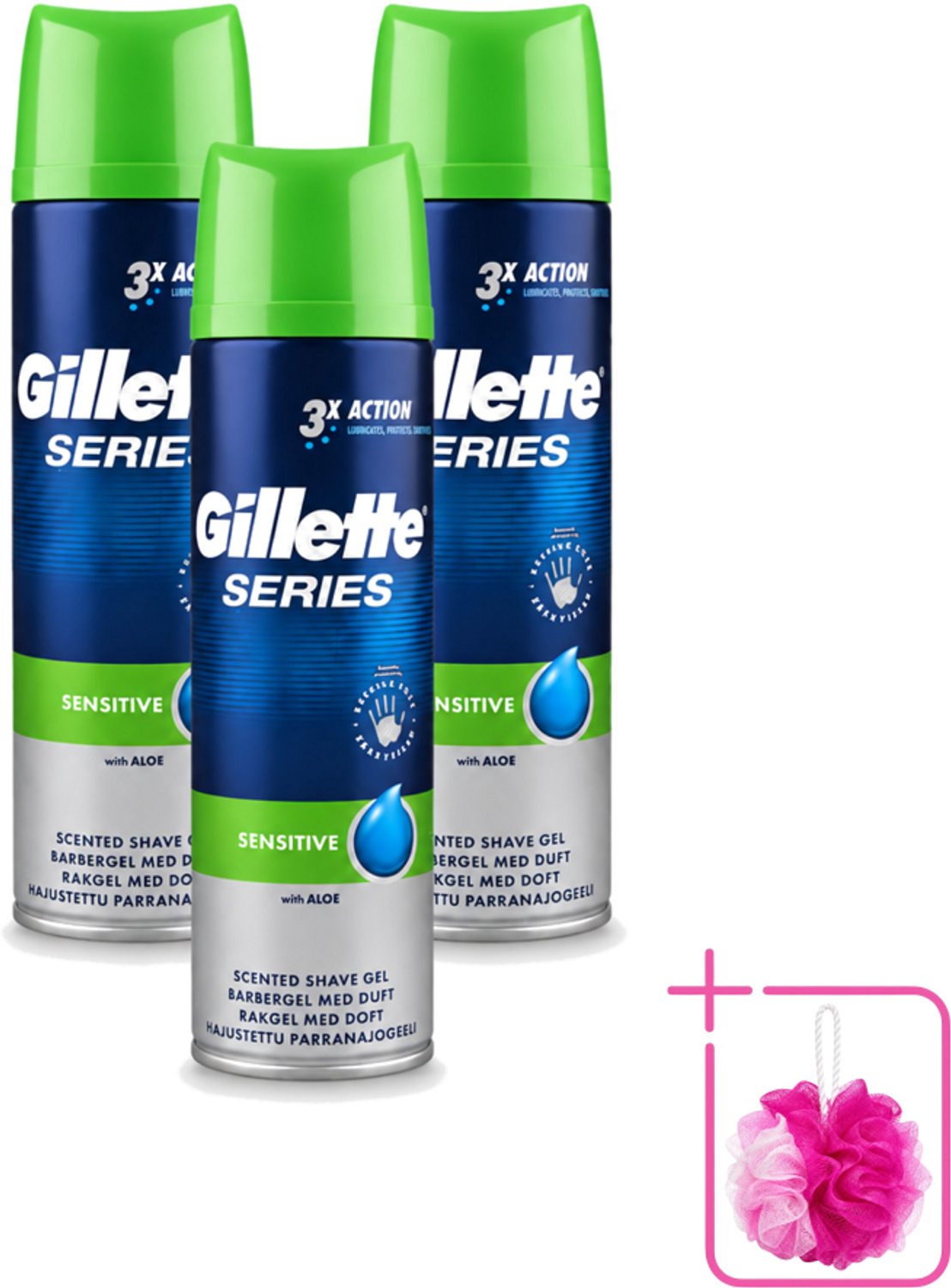 3 x Gillette Series - Scheergel - Sensitive - Aloe Vera - Voor de gevoelige huid - 200 ml - Bulkverpakking - Gevoelige huid - Douchemop - Scheergel