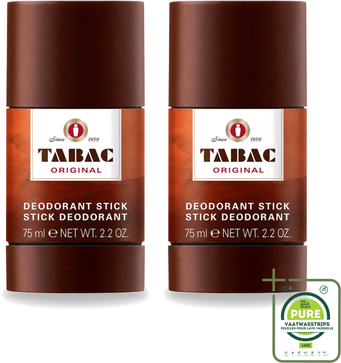 2 x Tabac Original - Deodorant Stick - Langdurige frisheid - 75 ml - Grootverpakking - Vaatwasstrips - Deodorant Stok - Zweetvervoeging - Geur - Mannelijke Geur - Frisheid