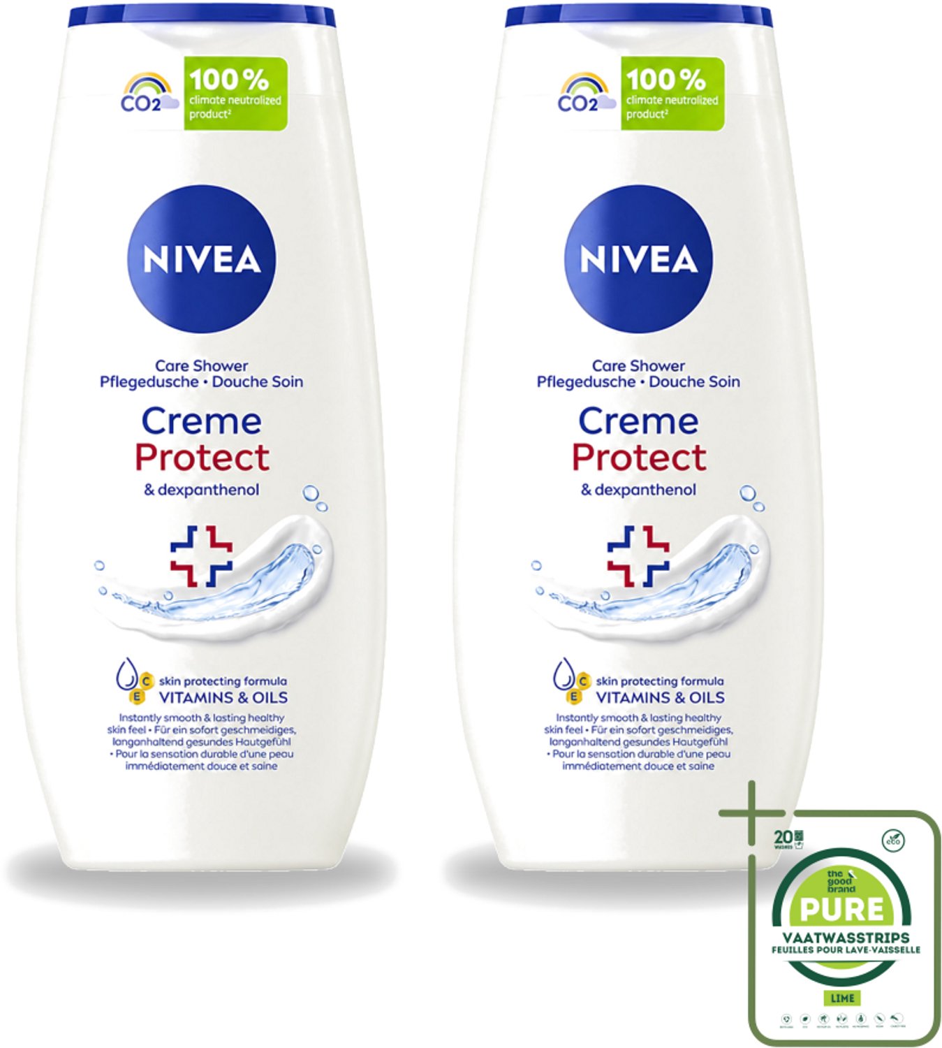 2 x Nivea - Douchegel - Crème Protect & Dexpantenol - Unieke Nivea Crème Geur - 250 ml - Grootverpakking - Vaatwasstrips - Douchegel - Huidverzorging - Vitamine C - Vitamine E - Olijfolie