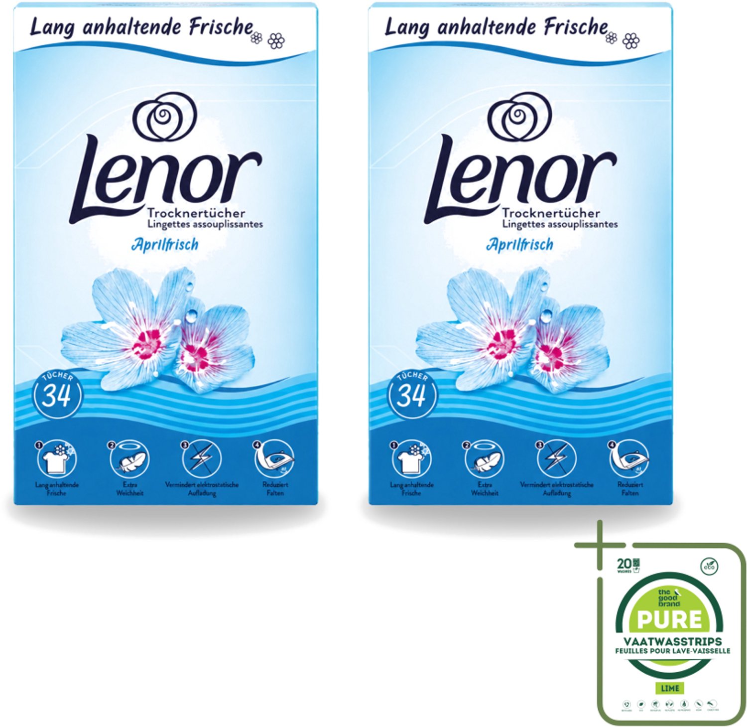 2 x Lenor - Droogtrommeldoekjes - Aprilfris - Textielverfrisser - 34 Doekjes - Grootverpakking - Vaatwasstrips - Droogtrommeldoekjes - Frisheid - Wasdoekjes - Statische Elektriciteit - Wasgoed
