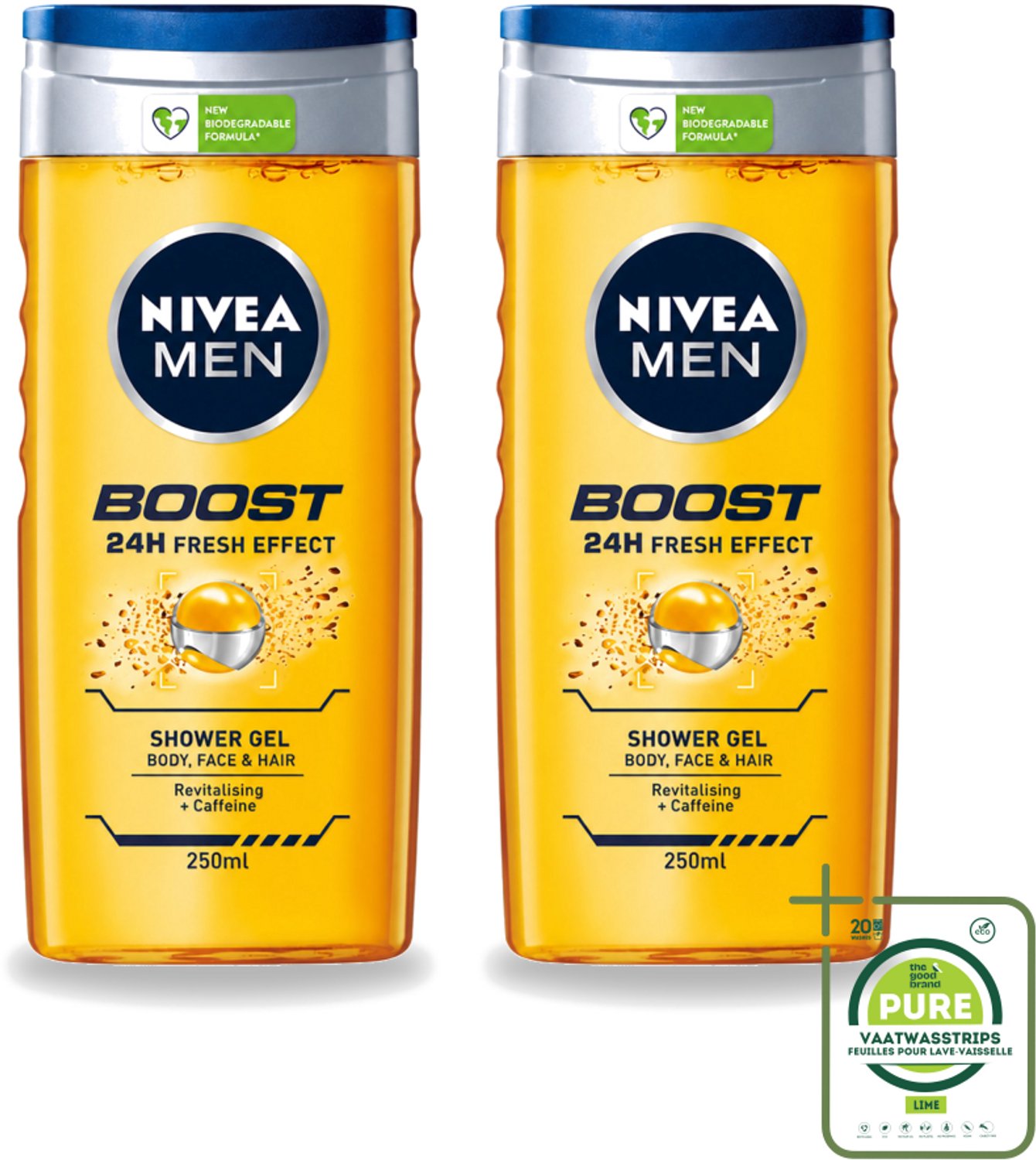 2 x Nivea - Men - Boost Douchegel - 24 Uur Lang Effect - 250 ml - Grootverpakking - Vaatwasstrips - Douchegel - Cafeïne - Fris Effect - Energieboost - Huidverzorging