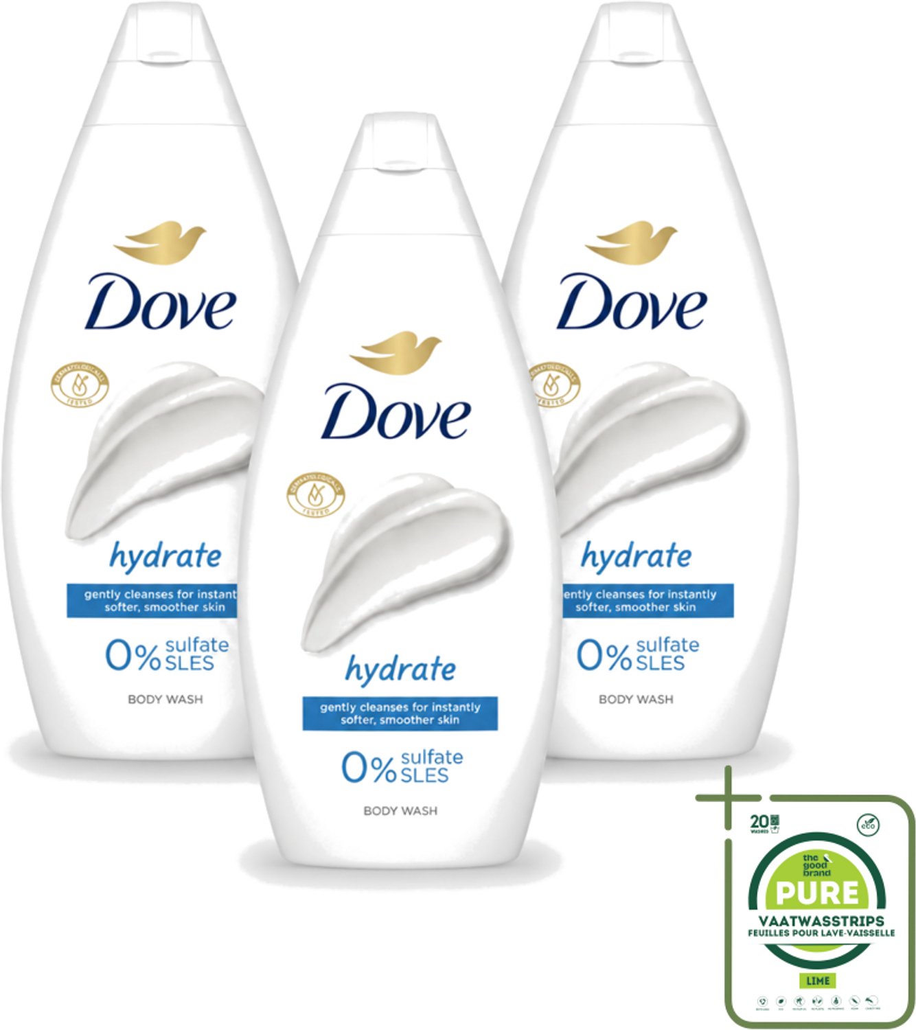 3 x Dove – Douchegel – Hydrate – 450 ml - Grootverpakking - Vaatwasstrips - Douchegel Hydrateren - Zachte Huid - Huid Verzorgen - Mild Reinigen - Droge Huid