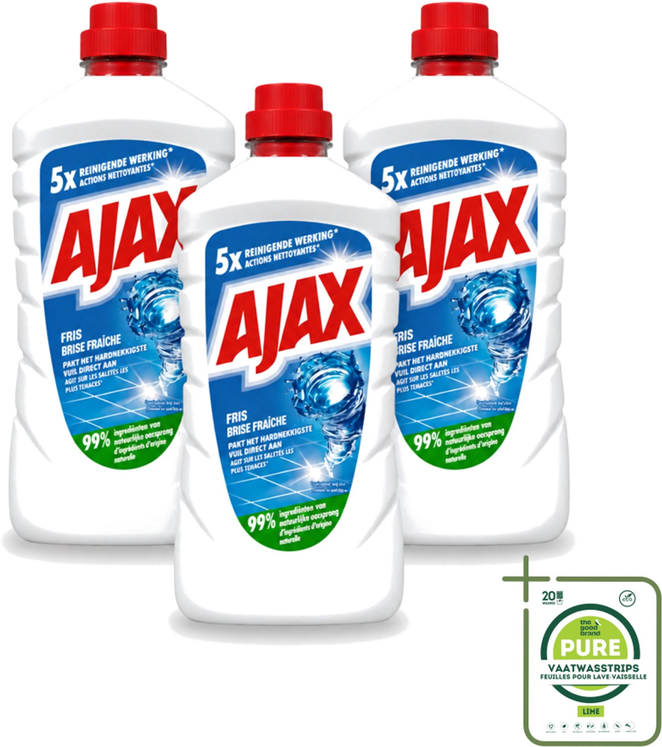 3 x Ajax – Allesreiniger – Fris – 1000 ml - Grootverpakking - Vaatwasstrips - Allesreiniger - Frisheid - Reinigen - Schoonmaken - Vet Verwijderen