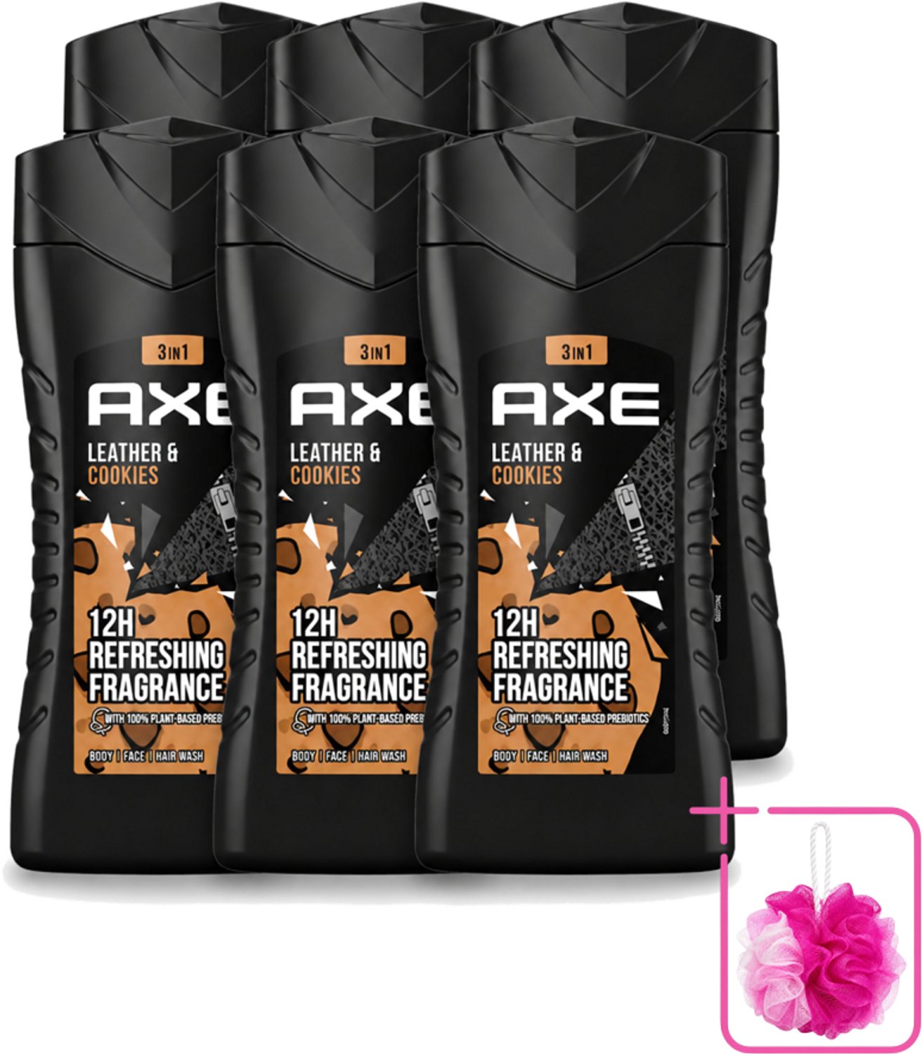 6 x Axe - 3-in-1 Douchegel - Leather & Cookies - 100% Plantaardig - 250 ml - Bulkverpakking - Douchegel - Douchemop - Geur