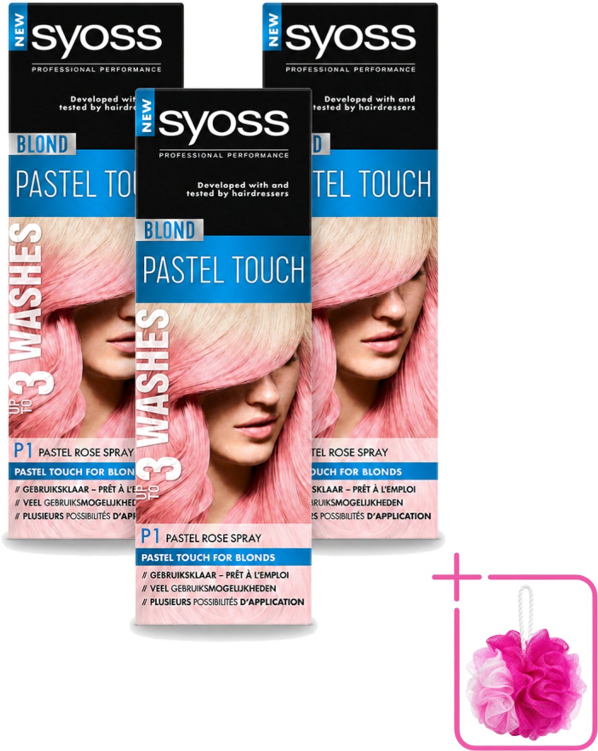 3 x Syoss Color Blond Pastel Touch P1 Pastel Rose - Haarverf Spray - Pastel Rose - Bulkverpakking - Haarverf Spray - Douchemop - Pastel Rose