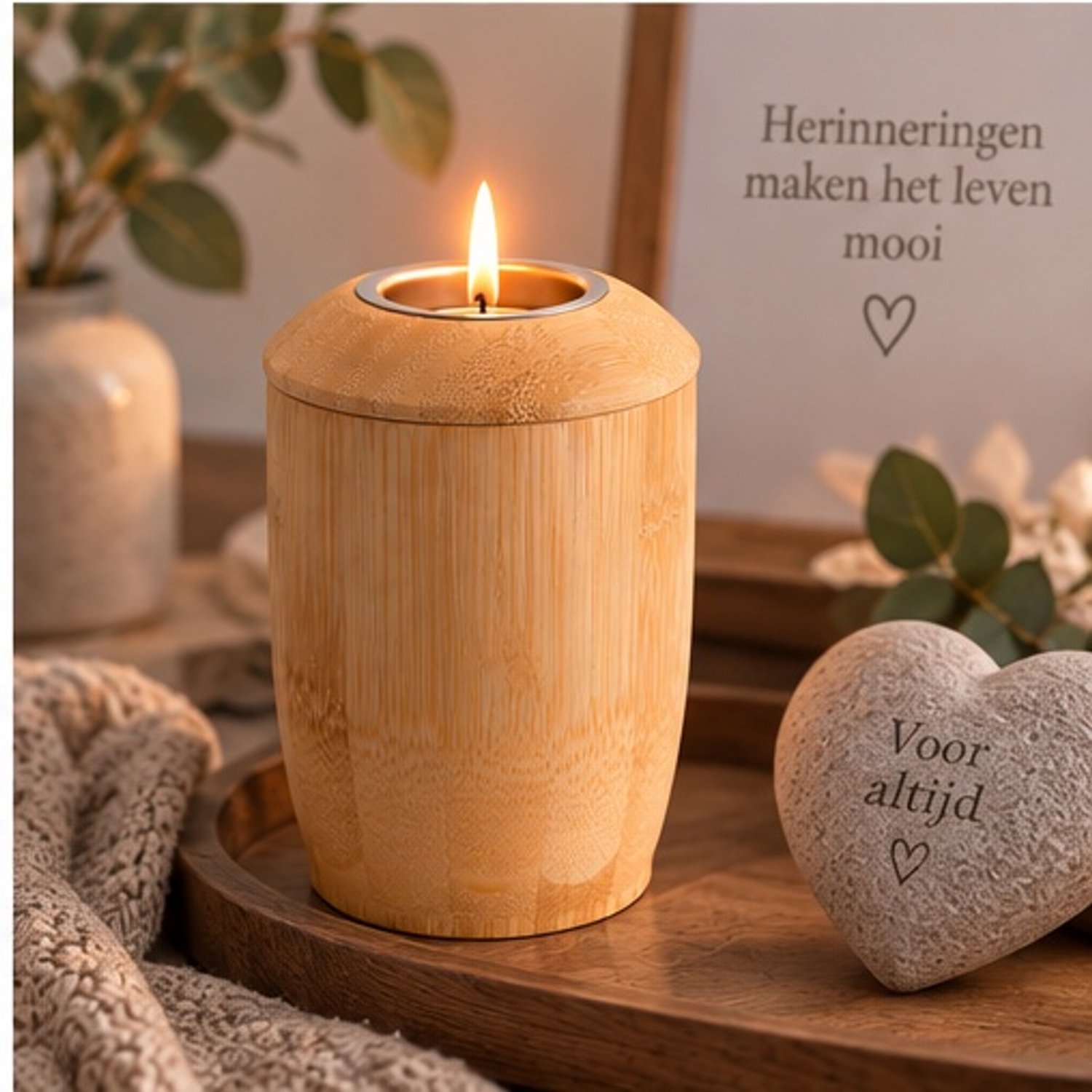 Mini urn - Urn - Bamboe - Met Waxinelichthouder - 13 cm