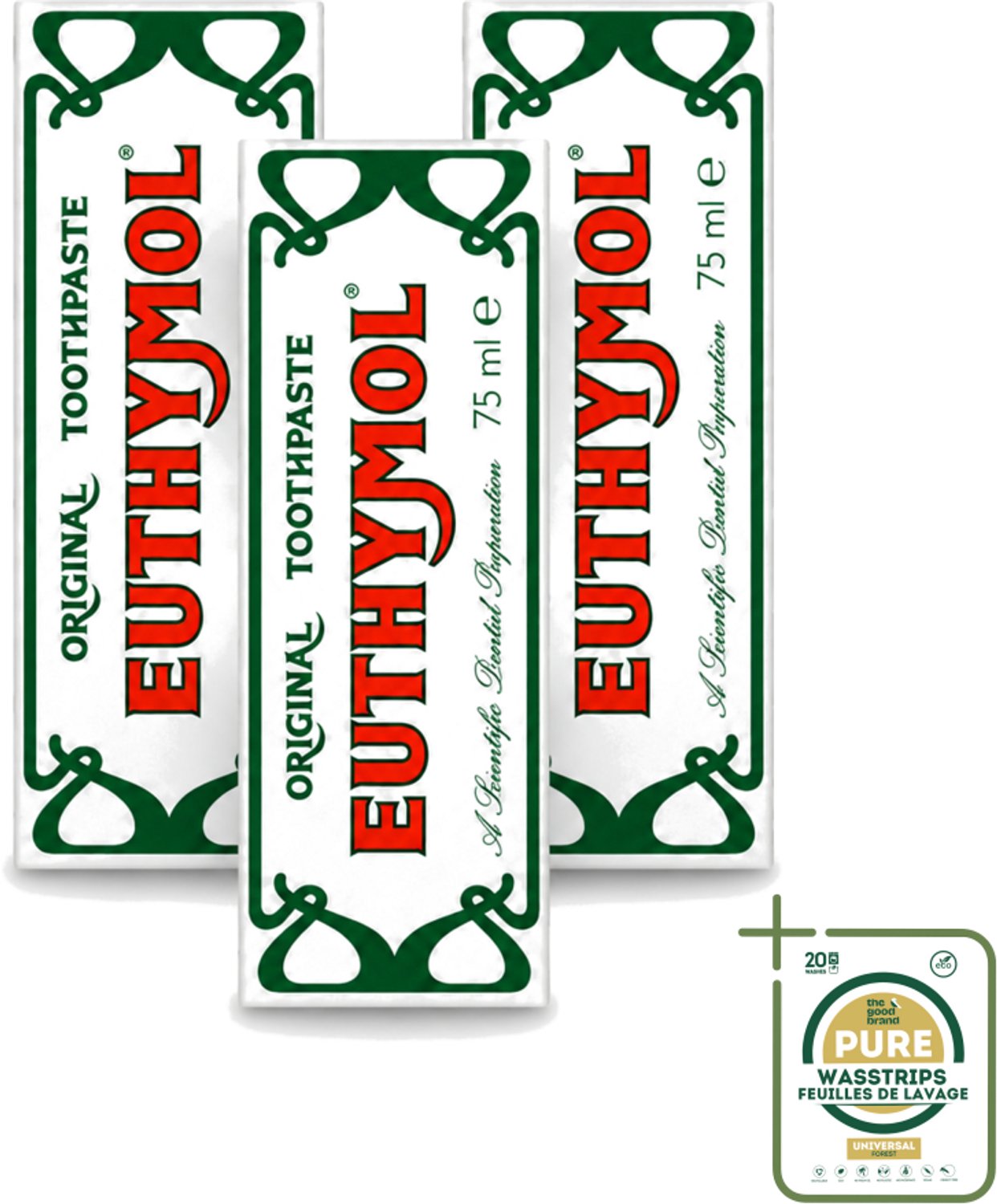 3 x Euthymol – Tandpasta – Original Dentifrice – 75 ml - Wasstrips - Tandpasta - Thymol - Fluoridevrij - Mondhygiëne - Tanden Reinigen