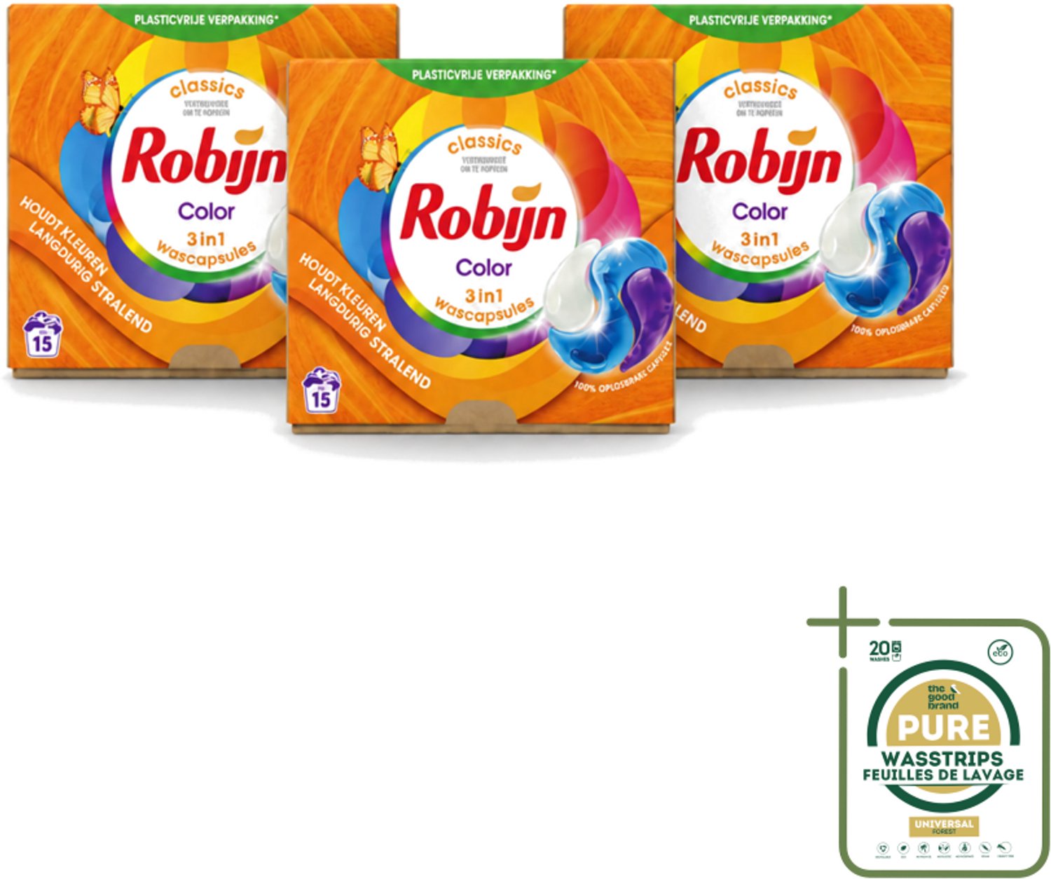 3 x Robijn – 3-in-1 Wascapsules – Color – 15 capsules - Wasstrips - Kleurbehoud - Wascapsules - Wasverzachter - Wasgeur - Biologisch Afbreekbaar