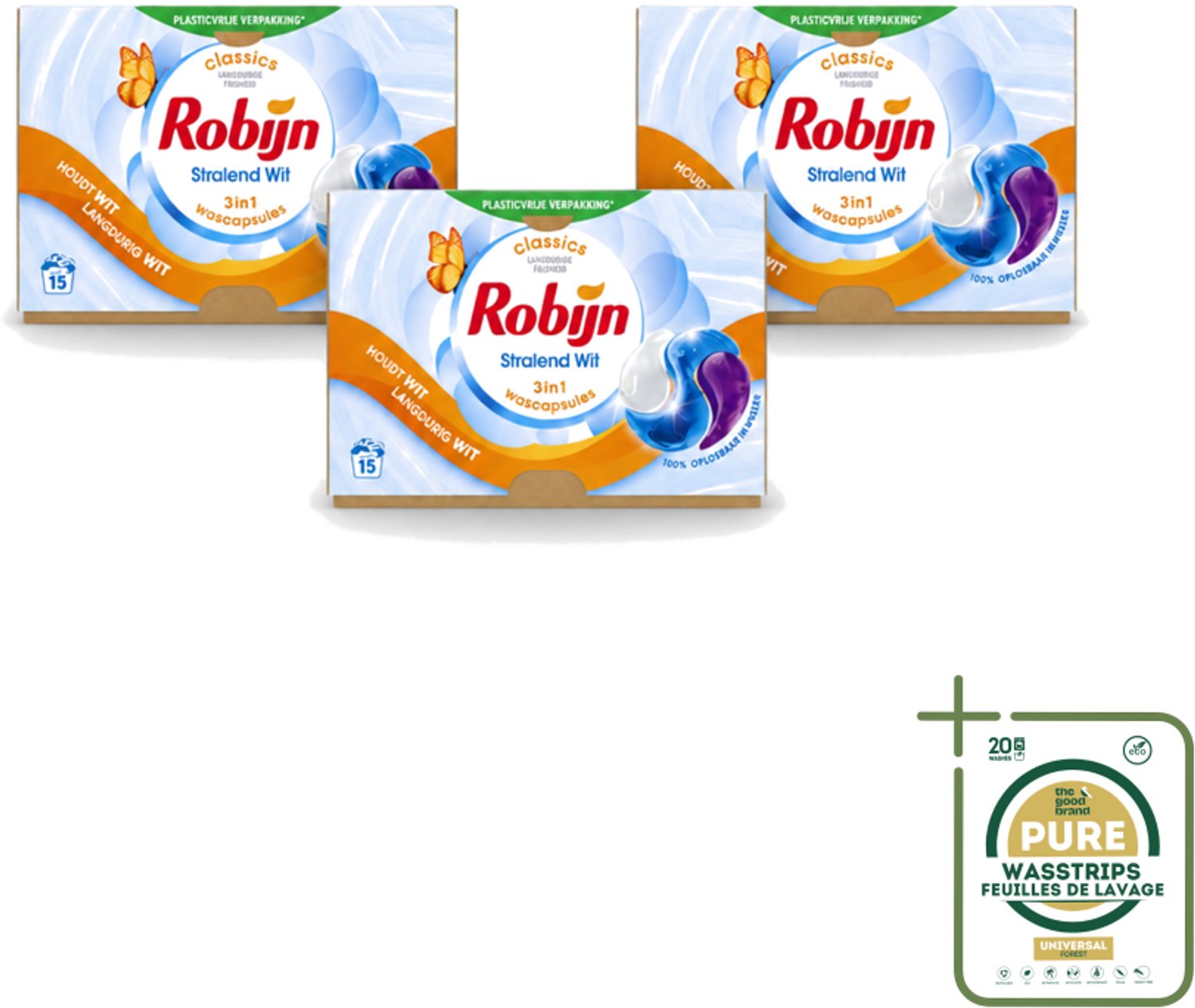 3 x Robijn – 3-in-1 Wascapsules – Stralend Wit – 15 capsules - Wasstrips - 3-in-1 Wascapsules - Stralend Wit Was - Witte Was - Wascapsules - Wasverzachter