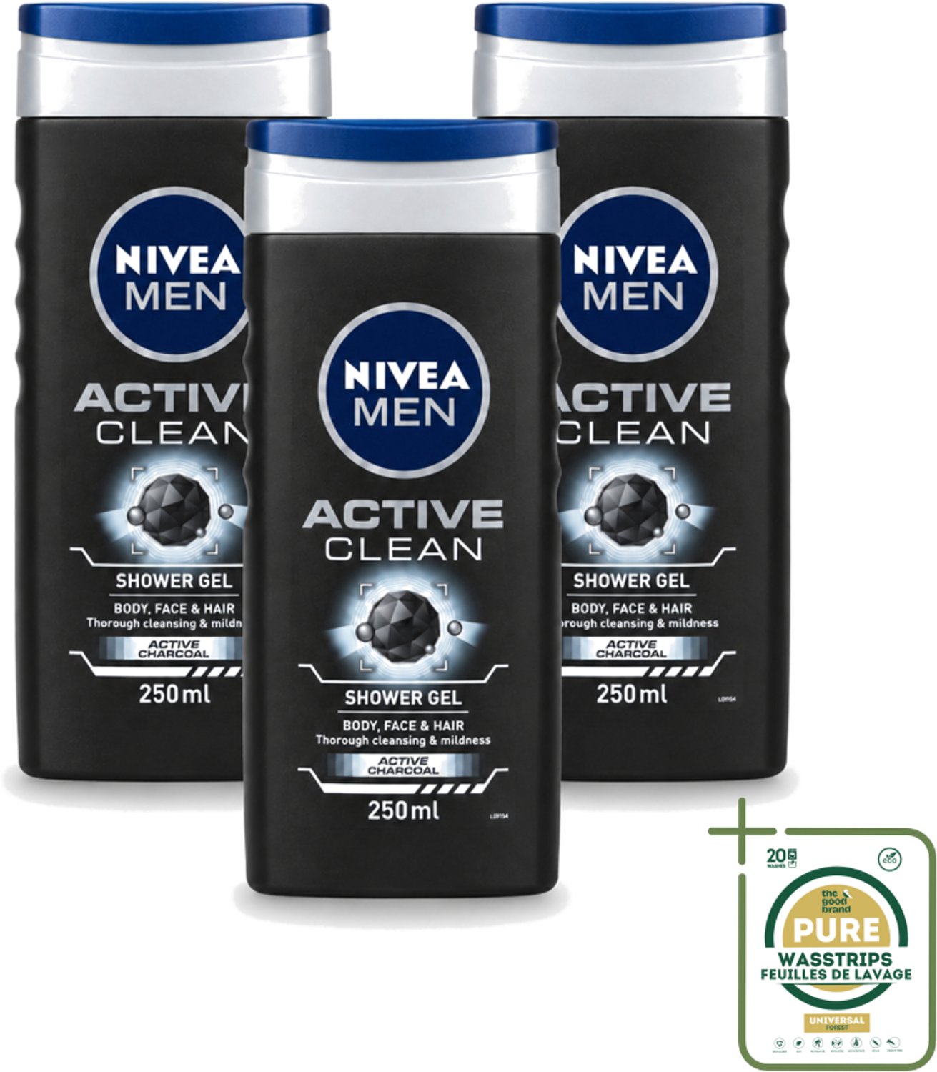 3 x Nivea Men – Douchegel – Active Clean – 250 ml - Wasstrips - Douchegel Mannen - Actieve Houtskool - Reiniging Huid - Vuil Verwijderen - Talg Verwijderen
