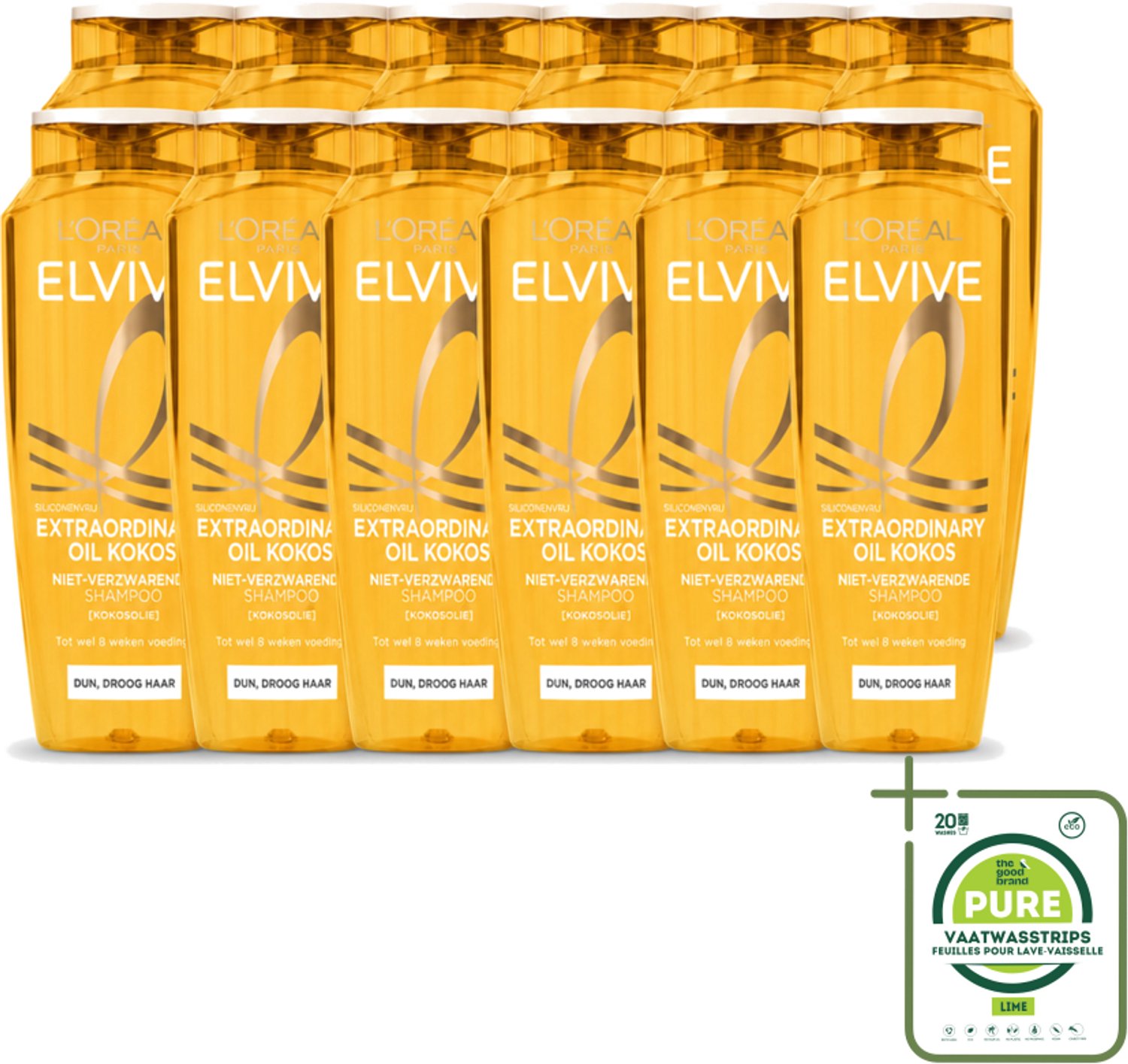 12 x L’Oréal Paris Elvive – Shampoo – Extraordinary Oil Kokos – Dun & Droog Haar – 250 ml - Grootverpakking - Vaatwasstrips - Fijne Kokosolie - Voeding Zonder Verzwaren - Zachte Kokosgeur - Natuurlijke Glans - Droog Haar