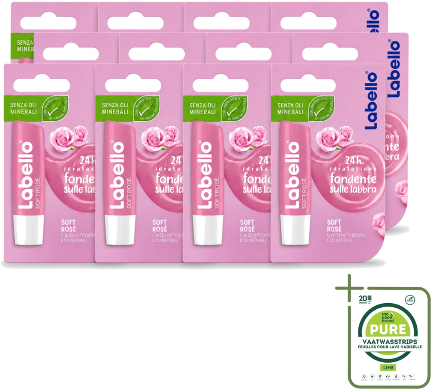 12 x Labello – Lippenbalsem – Soft Rosé - Grootverpakking - Vaatwasstrips - Lippenbalsem - Hydratatie - Rosé Lippen - Natuurlijke Glans - Verzorgde Lippen