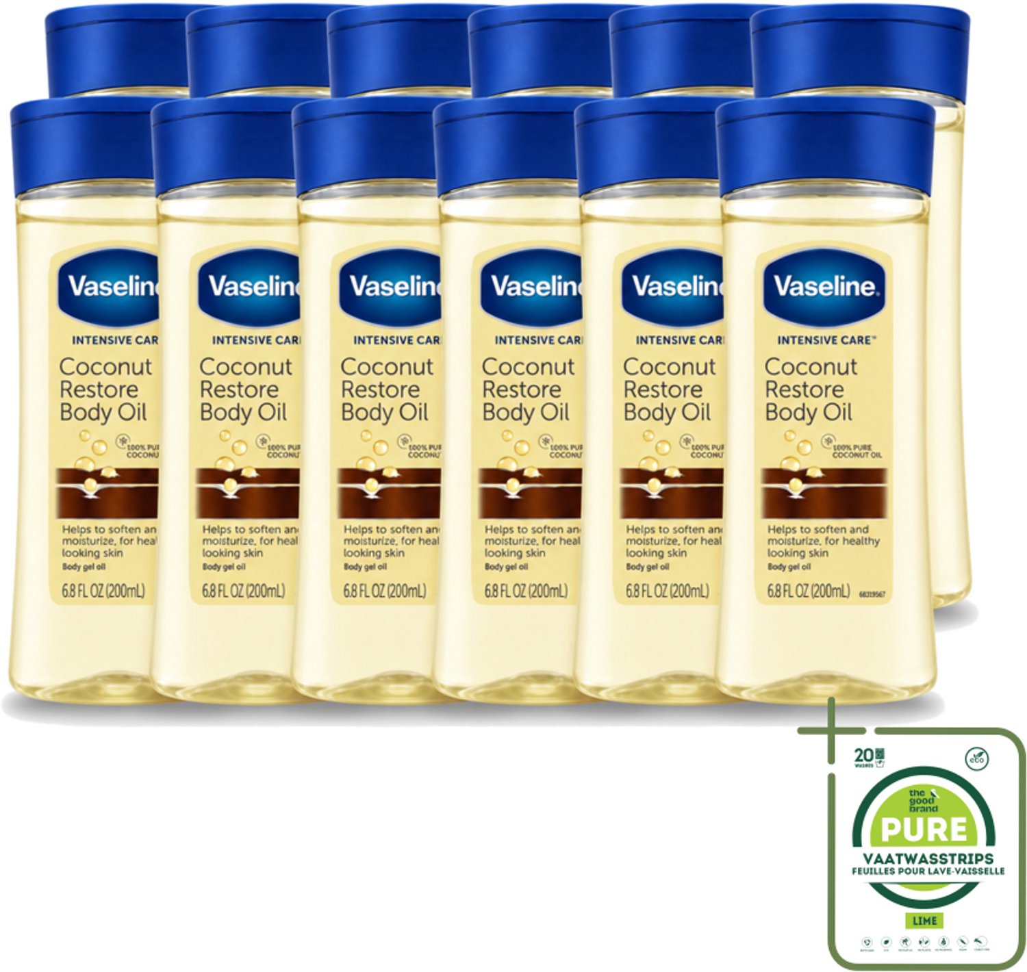 12 x Vaseline – Body Oil – Coconut Restore – 200 ml - Grootverpakking - Vaatwasstrips - Lichaamsolie - Hydraterende Olie - Kokosolie - Huidverzorging - Droge Huid