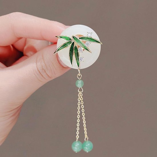 2 Stuks Faux Jade Bamboe Blad Broches, Vrouwen Chinese Stijl Bamboe Blad Kwastje Hanger, Cheongsam Jas Shirt Accessoires — afbeelding 5