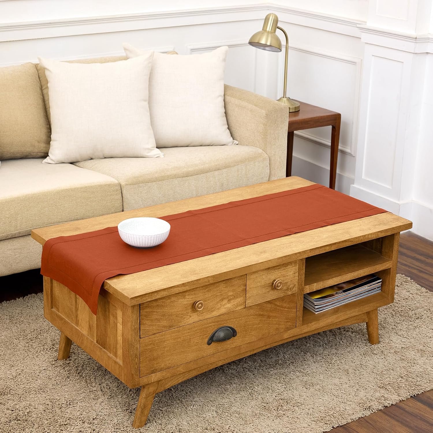 Solino Home 100% puur linnen hemstitch tafelloper - 14 x 60 inch, handgemaakt van Europees vlas, machinewasbaar klassieke hemstitch - kaneel